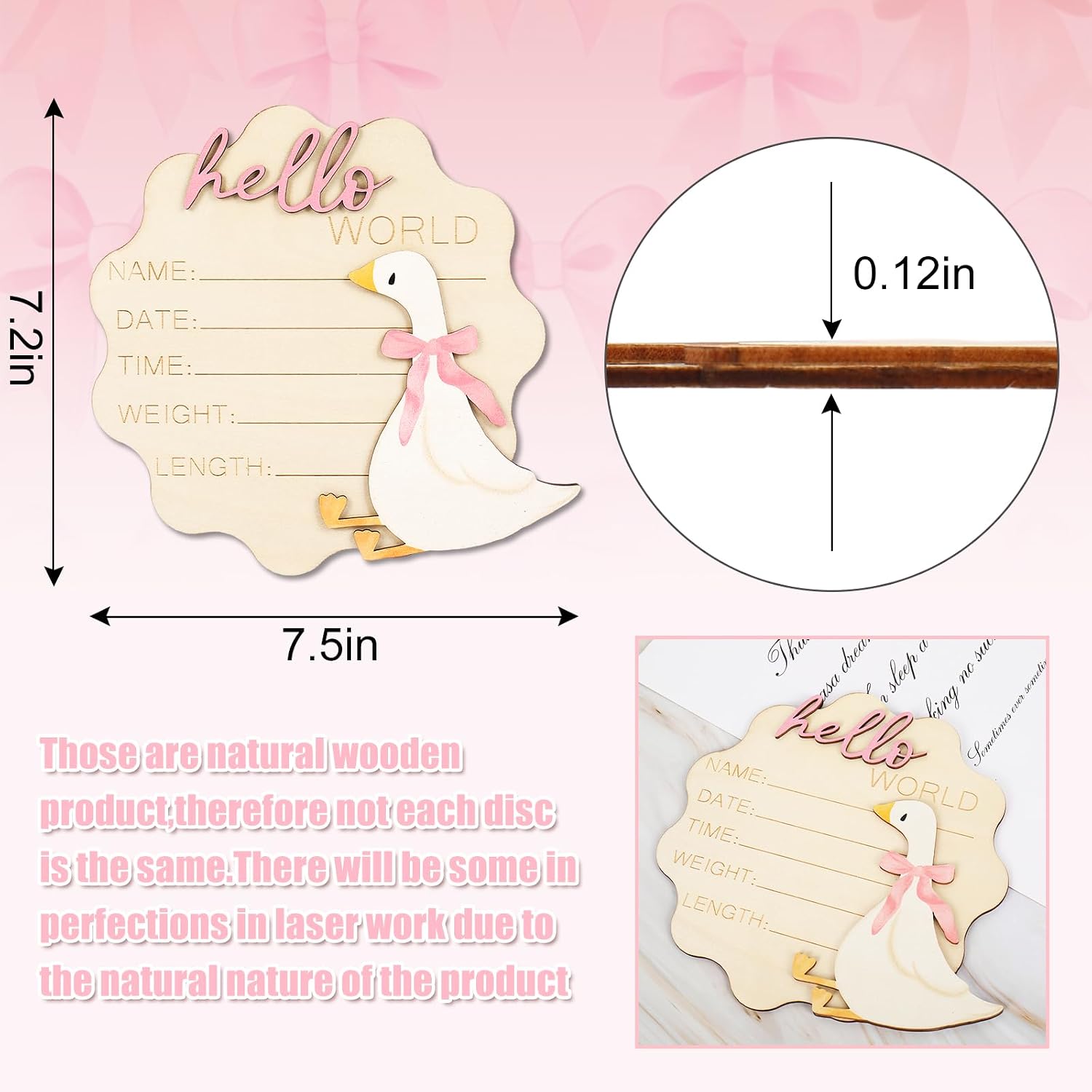 FYSUIMU Silly Goose Birth Announcement Sign Pink Bow Goose Newborn Milestone Wooden Board Hello World Newborn Sign for First Birthday Baby Shower Photo Prop Keepsake