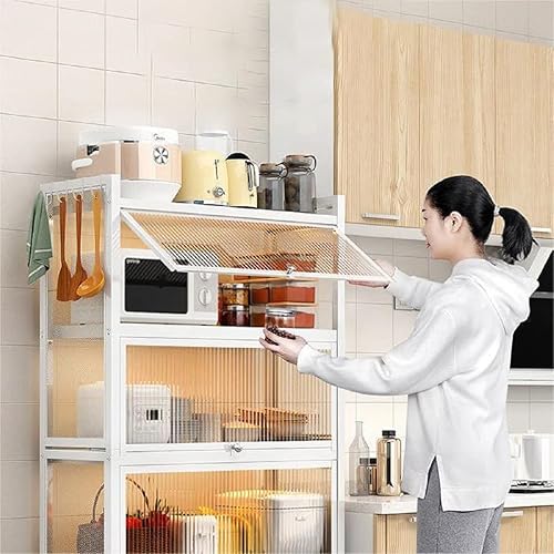 Miniatura 8 de Gdrasuya10 Gabinete de almacenamiento de cocina blanco para bufé, armario de despensa de cocina de metal de 4 niveles con puertas plegables de 56