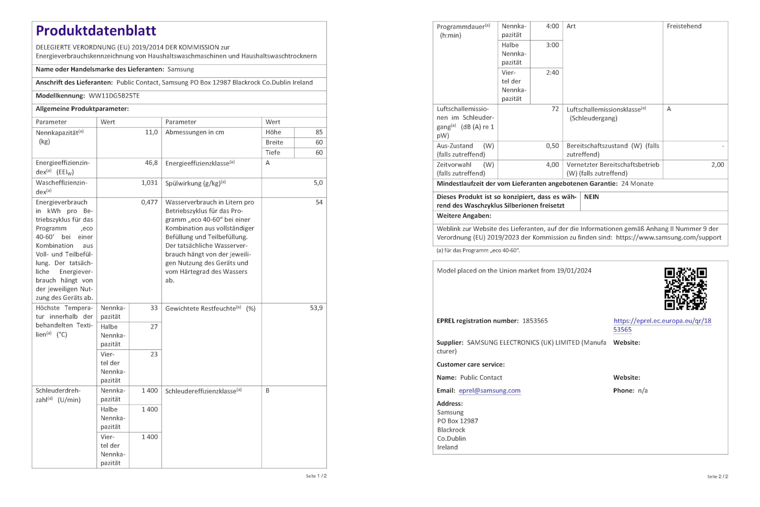 Samsung WW11DG5B25TEEG Waschmaschine, 11 kg, 1400 U/min, EEK A, AI Ecobubble, SmartThings, SuperSpeed 39 Min, Hygiene-Dampf, Weiß