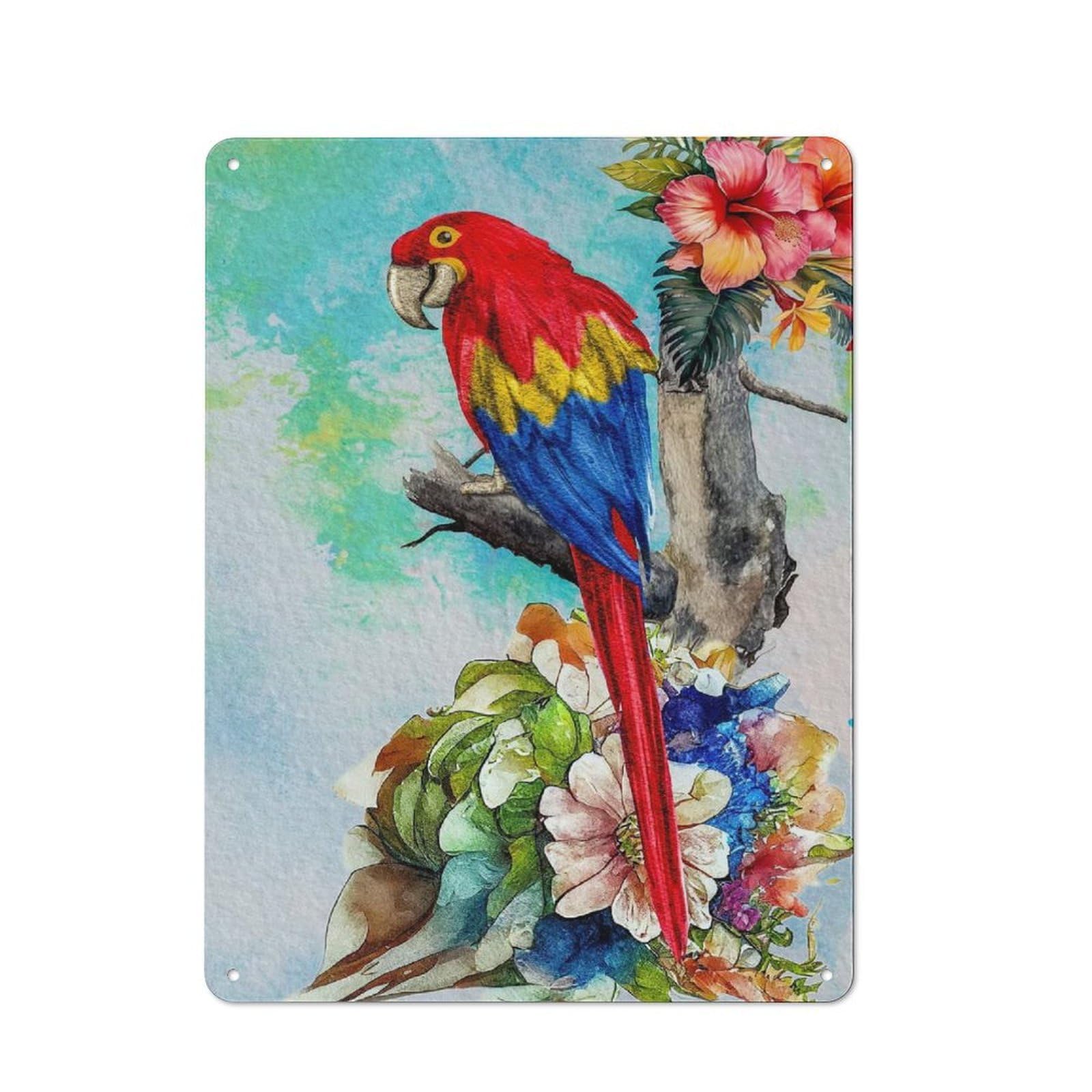 Junmoney Colorful Parrot With Floral Watercolor Painti Vintage Tin Sign 40X30cm With Ng For Workshop Wall, For Makers And Diy Enthusiasts, For Retro Home Interiors
