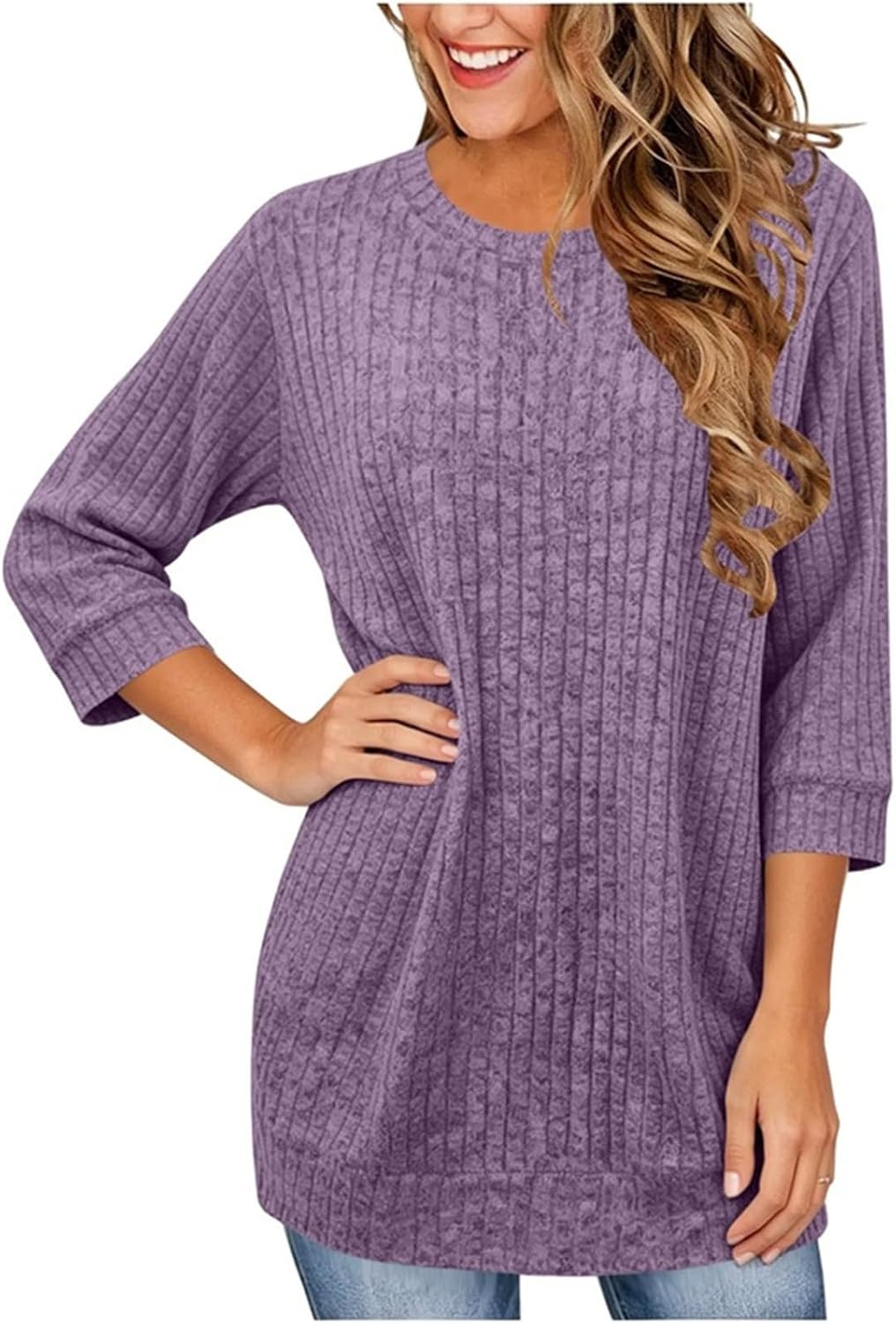 Women's 3/4 Sleeve Tunic Top Round Neck Loose Fit Casual Ribbed Soft Blouse with Pockets Spring Fall Fashion Shirts