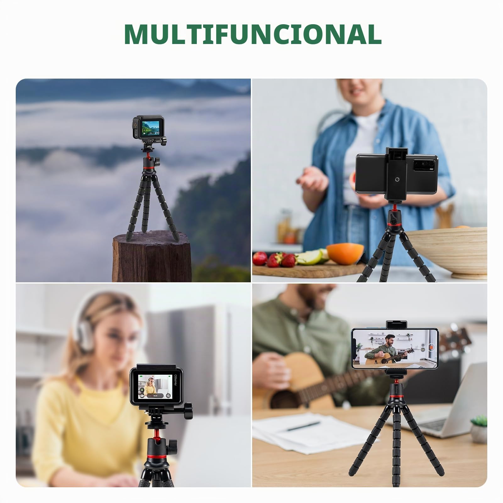 AKASO Trípode flexible para cámara de acción, mini trípode portátil con clip universal, rotación de 360°, soporte de mesa multifuncional compatible con GoPro, DJI, Insta360, AKASO