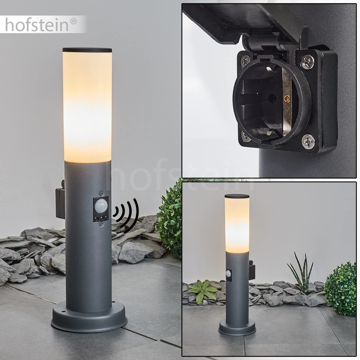 Lampa zewnętrzna Caserta z czujnikiem ruchu i gniazdem, lampa na cokole, metal/tworzywo sztuczne w kolorze antracytowym/białym, oświetlenie ścieżki 45,5cm, lampa ogrodowa, E27, IP44, bez żarówki
