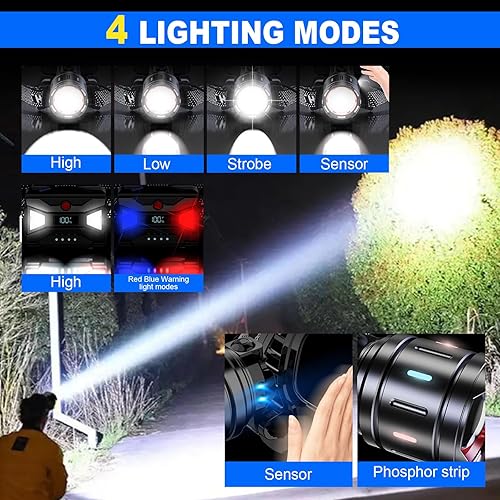 Miniatura 5 de Faros delanteros recargables de 20000 lúmenes altos para adultos, 4,921.3 ft de haz largo, súper brillante, con zoom, con sensor y pantalla de