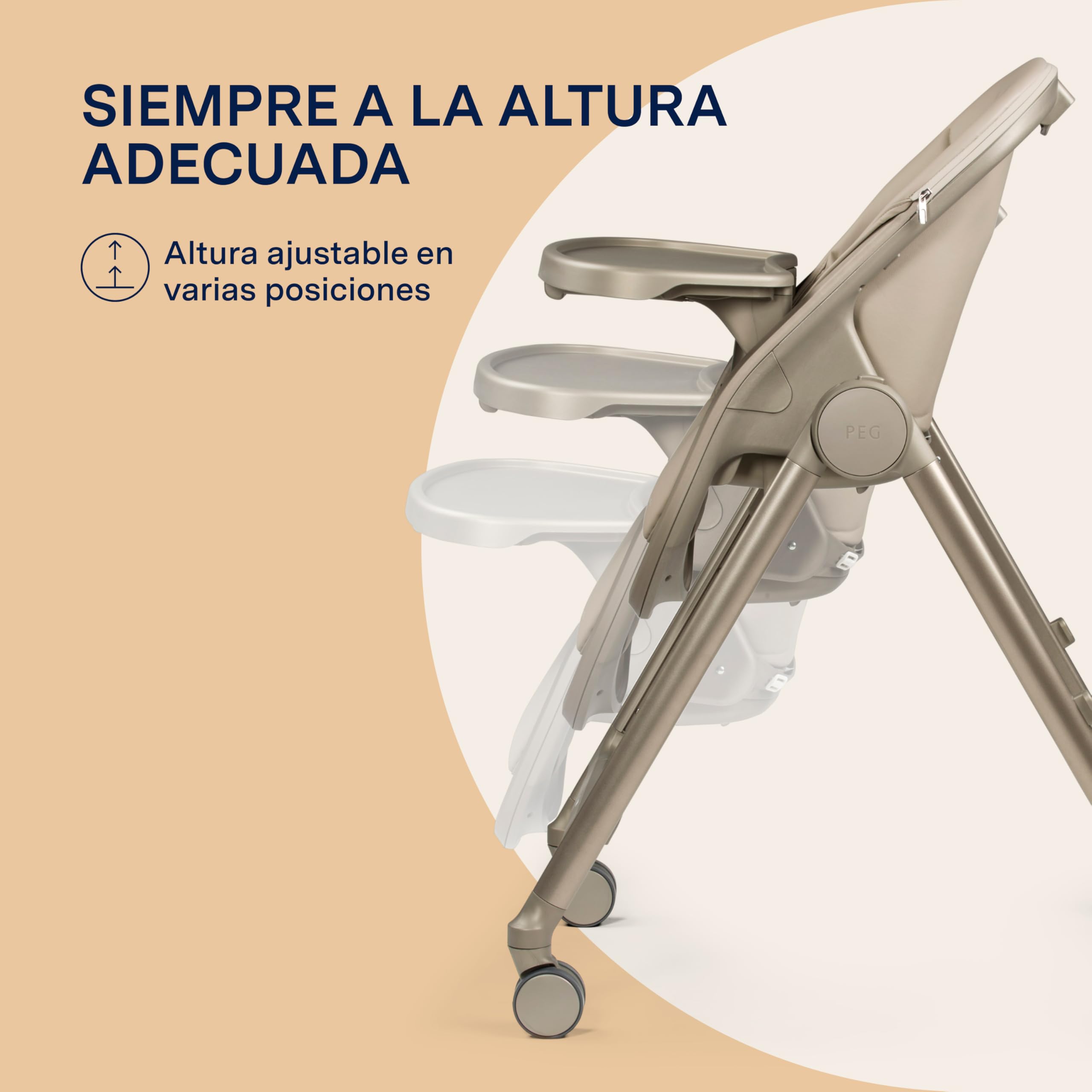 PEG Living Trona desde el Nacimiento, Diseño Contemporáneo, Función Hamaca, Altura Regulable, Bandeja Doble, 4 Ruedas 360°, Cierre Compacto, 0–3 Años (0–15 kg), Space Sand