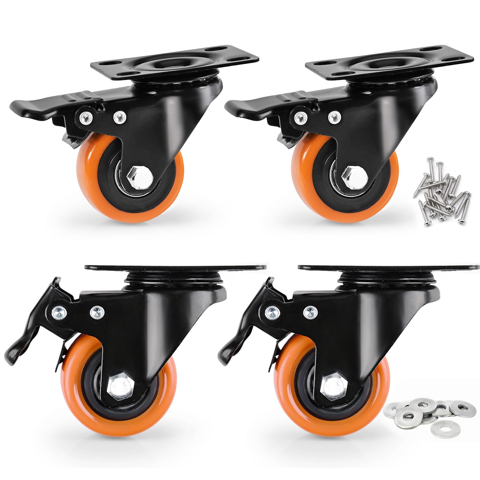 Caster Wheels, Heavy Duty 50mm Casters Set of 4, Locking Swivel Casters Wheels for Cart Furniture and Workbench, Orange