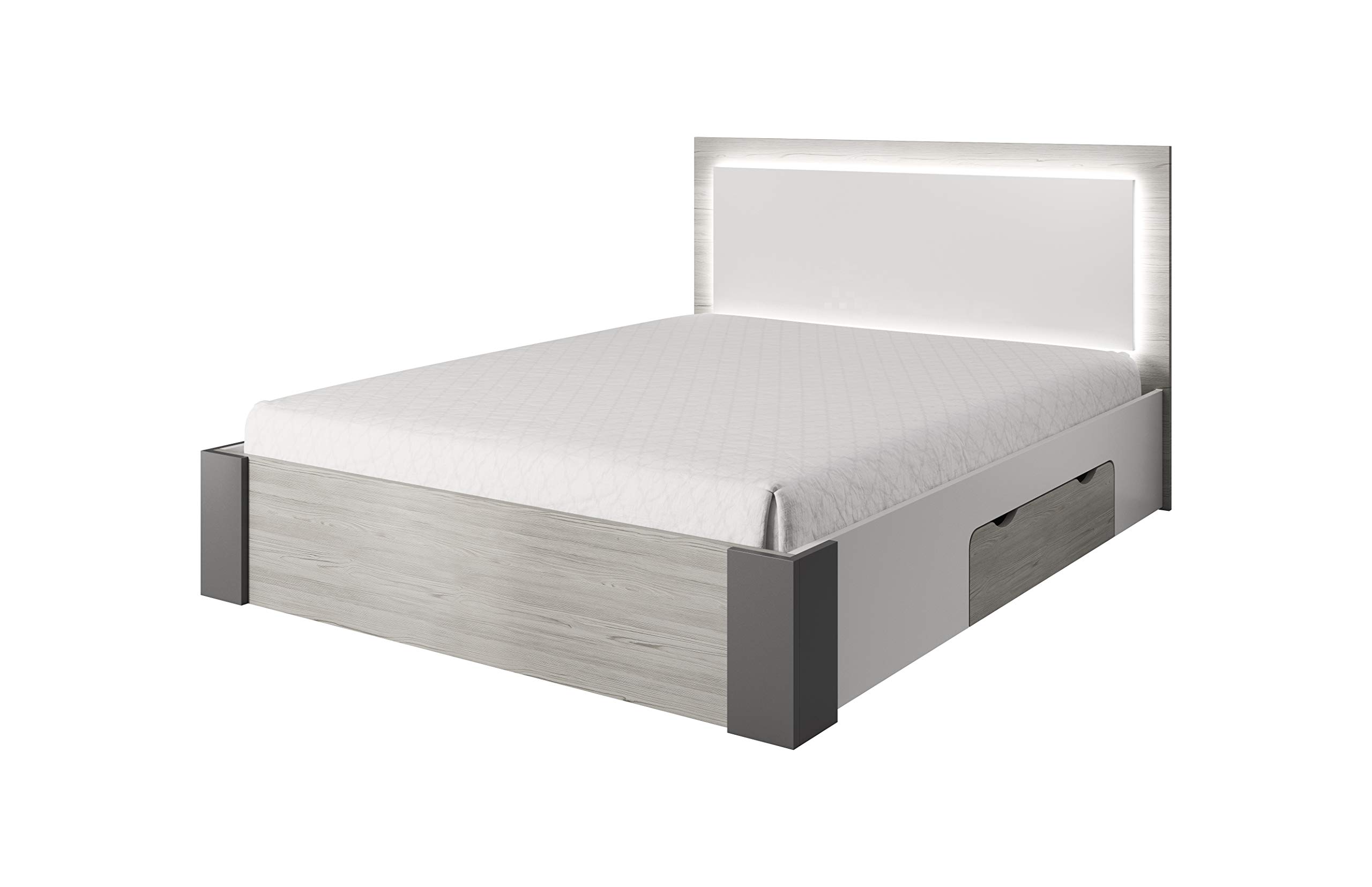 Fabryka Mebli Idźczak Schlafzimmer-Set Komplett - Helios II 180 Bettgestell - Kleiderschrank mit Spiegel, 2X Nachttisch - Innovativ, Stilvoll, Modern - Weiß/Kathult+Grau - Set ohne Matratze