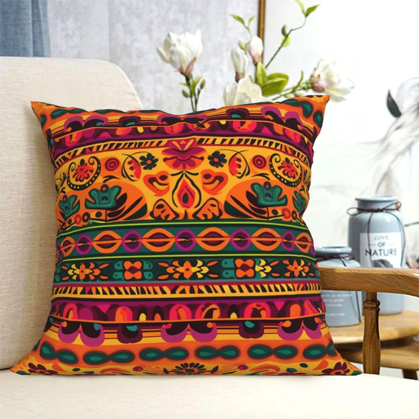 Fodpand Black Decorative Throw Pillow Covers 20"X20" Mexican Folk Art Boho Cushion Cases Square Modern Farmhouse Pillow Cases Soft Cozy Cushion Covers For Couch Sofa Bedroom Home Decor Pillowcase