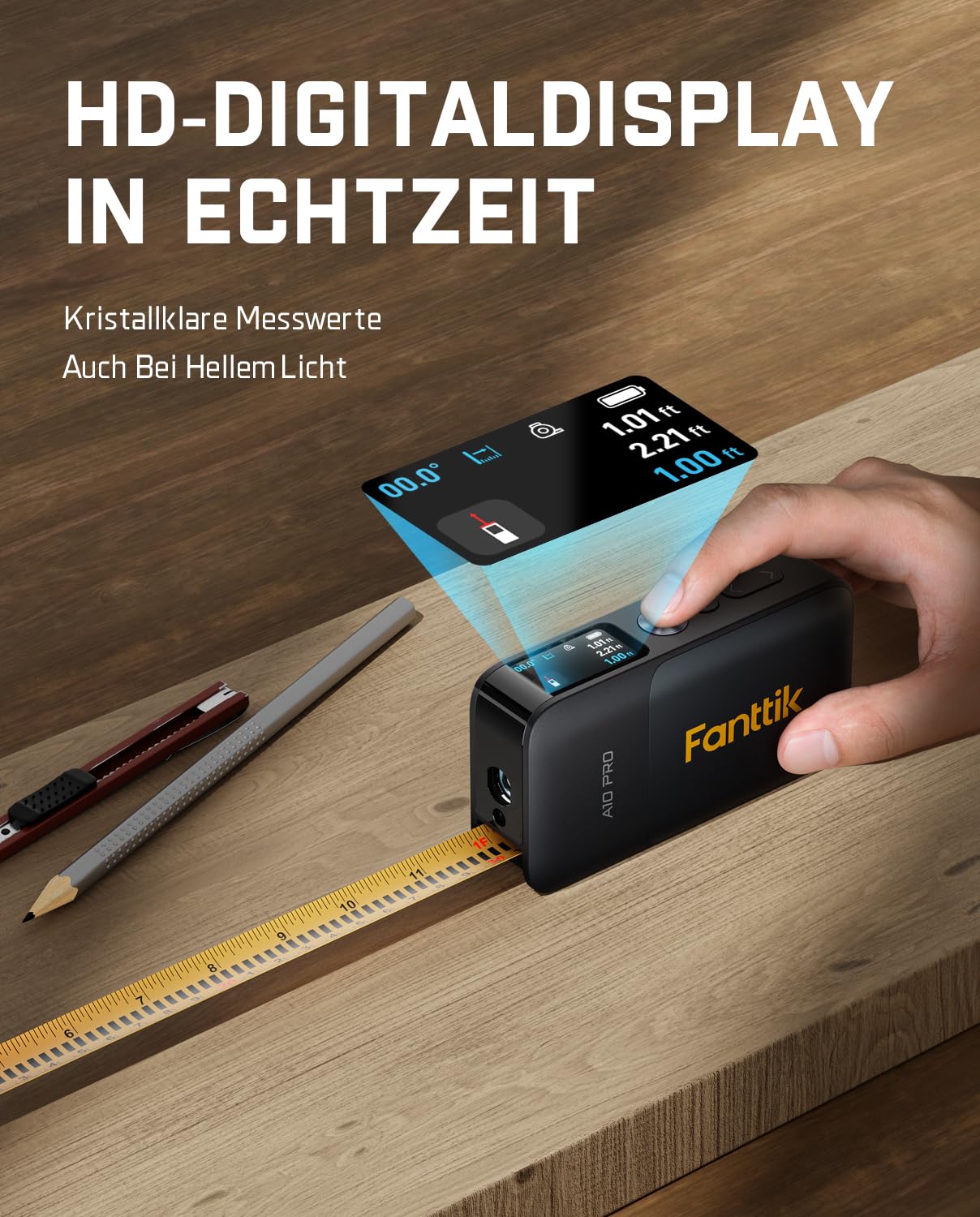 Fanttik A10 Pro 2-in-1 Digitales Laser Entfernungsmesser mit HD IPS-Farbdisplay, Wiederaufladbar 50m Laserentfernungsmesser & 3m Maßband, 6 Einheiten wählbar, Für Entfernung/Fläche/Volumen