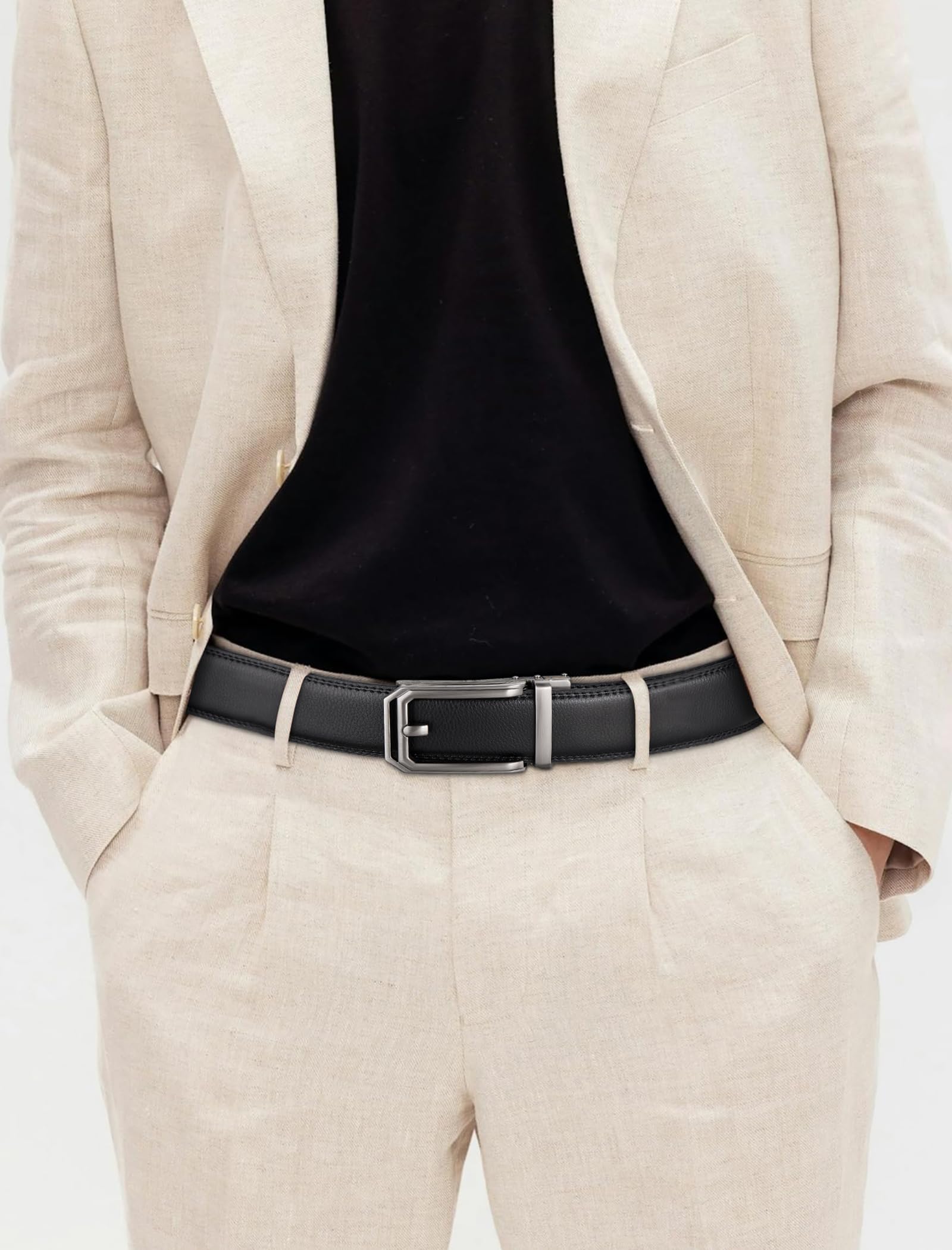 SKiporty Black Mens Belt Ratchet Belts Dress Casual Leather Belt for Men With Slide Adjustable Click Buckle Gifts Box