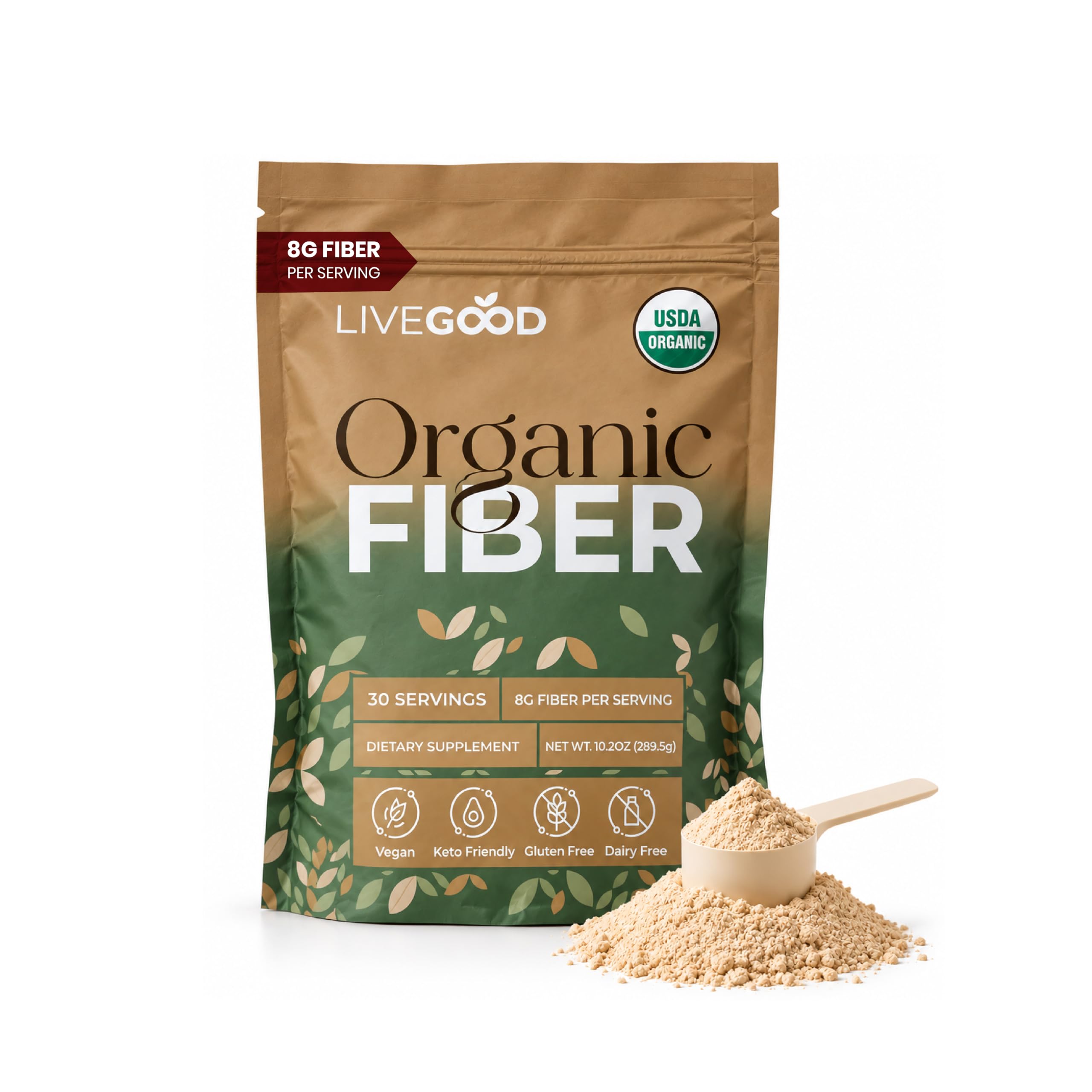 LiveGood Organic Fiber Supplement Powder with Psyllium Husk, 30 Servings
