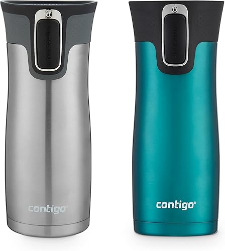 Contigo AUTOSEAL West Loop - Taza de viaje de acero inoxidable con aislamiento al vacío y tapa fácil de limpiar, 16 onzas, paquete de 2, espirulina,