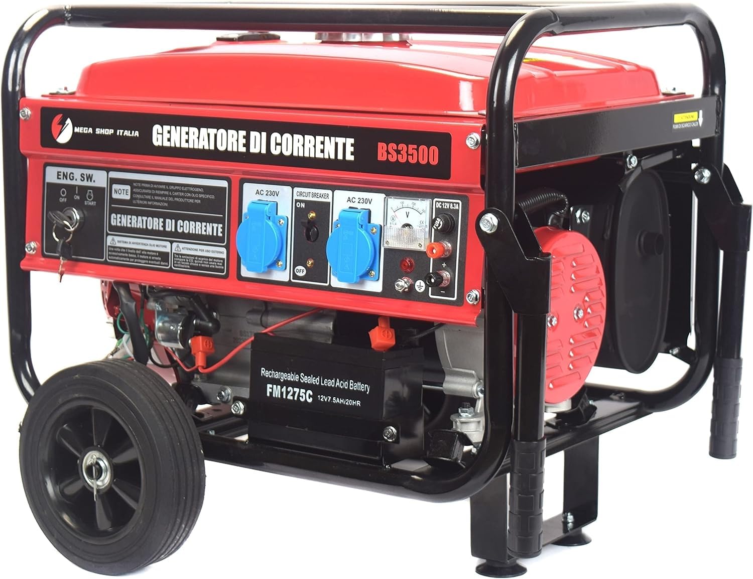 Generatore di Corrente 3000W Benzina 4 tempi con 2 prese 230V con Avviamento Automatico a Chiave e Batteria Portatile con Ruote