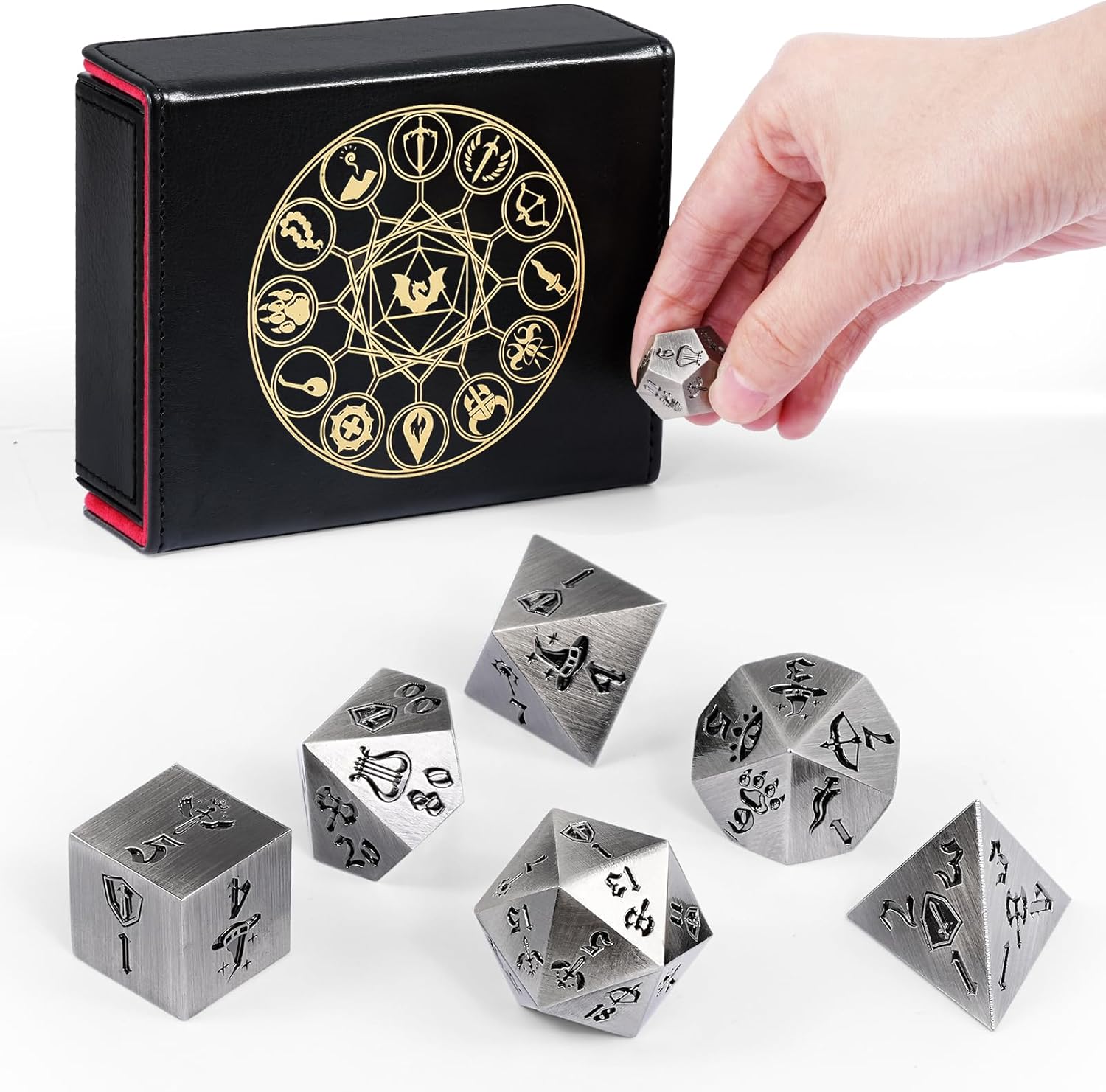 DND Dice Set, 7Pcs Metal Dice with Dice Box for Dungeons and Dragons, Polyhedral D&D Dice Set Role Playing Games, Board Games (Ancient Silver)