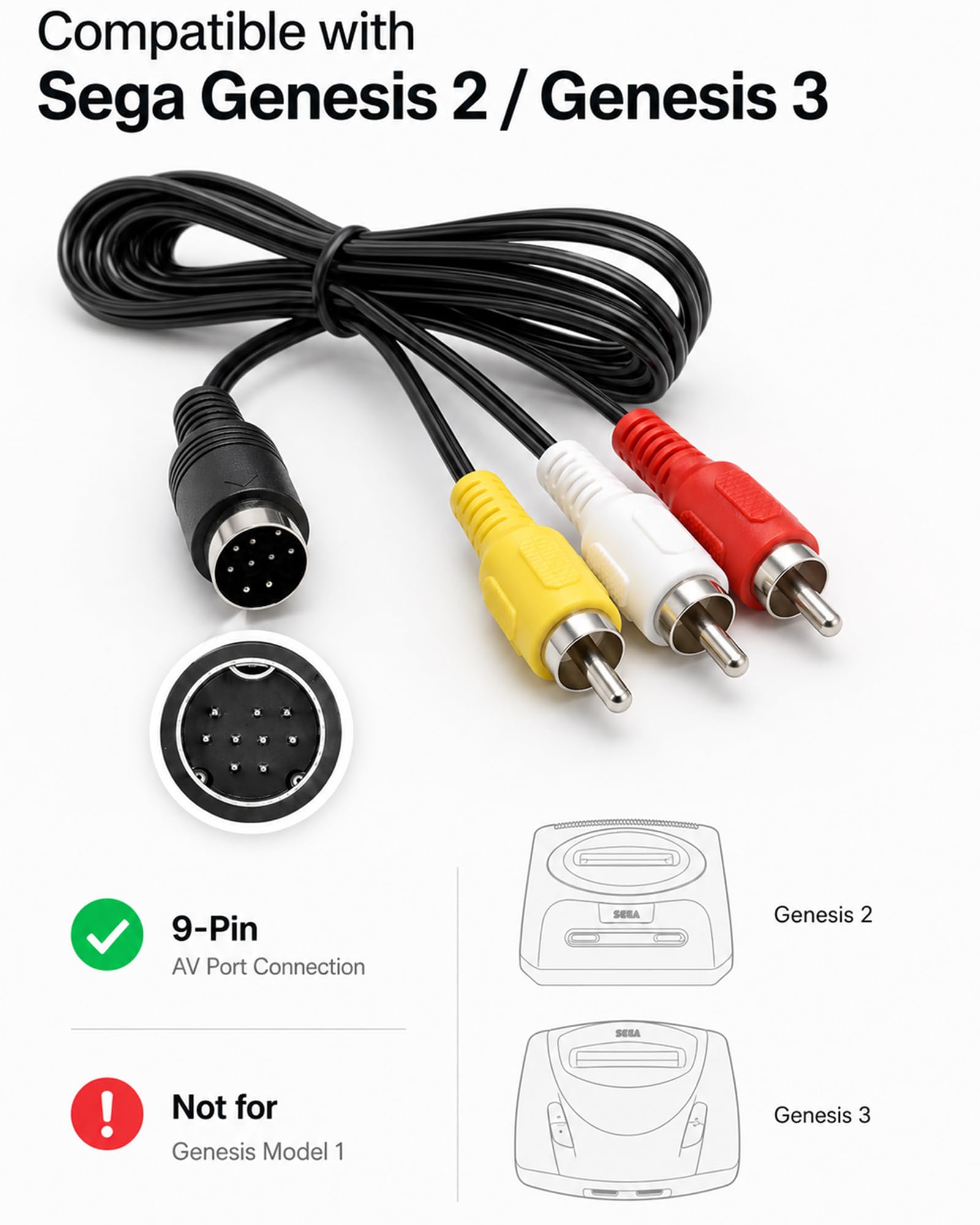 AV-Kabel für Sega Genesis 2 und Genesis 3, 1,8 m, Composite-Cinch-Audio-Video-Kabel, 9-poliger Konsolenstecker auf gelb-weiß-rote Cinch-Stecker, verbindet Genesis 2 3 mit TV