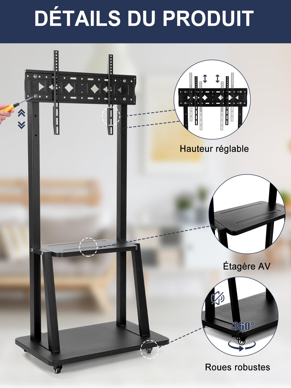 Support TV sur Pied Meuble TV Roulant pour 32-75 Pouces Plat/incurvé LED/LCD/OLED Hauteur réglable Support TV roulettes Jusqu’à 45kg Meuble TV au Sol avec étagère DVD Blanc