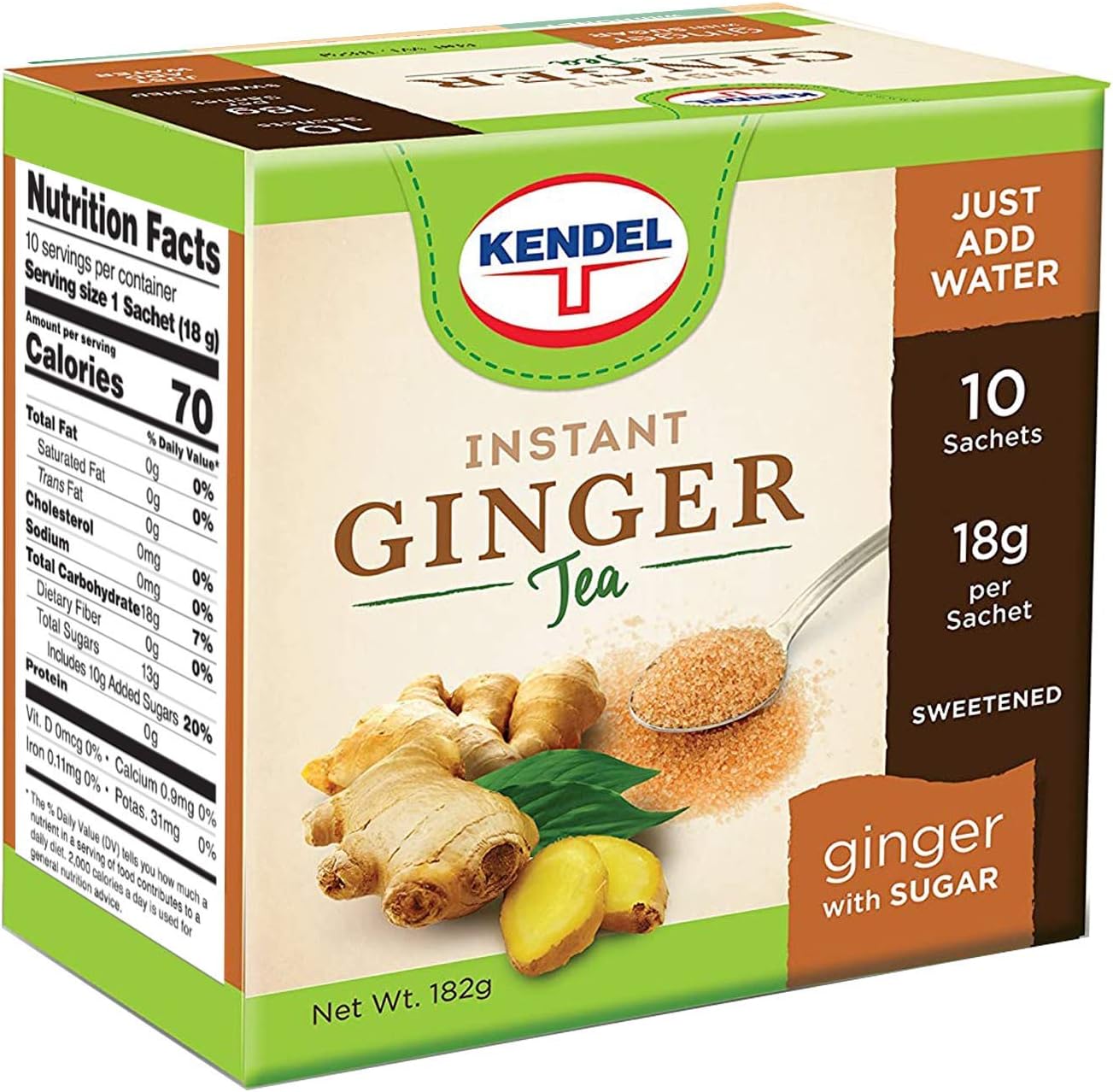 Kendel Instant Ginger with Sugar Tea, Caffeine Free (10 Sachets). Soothing flavor, Non-GMO