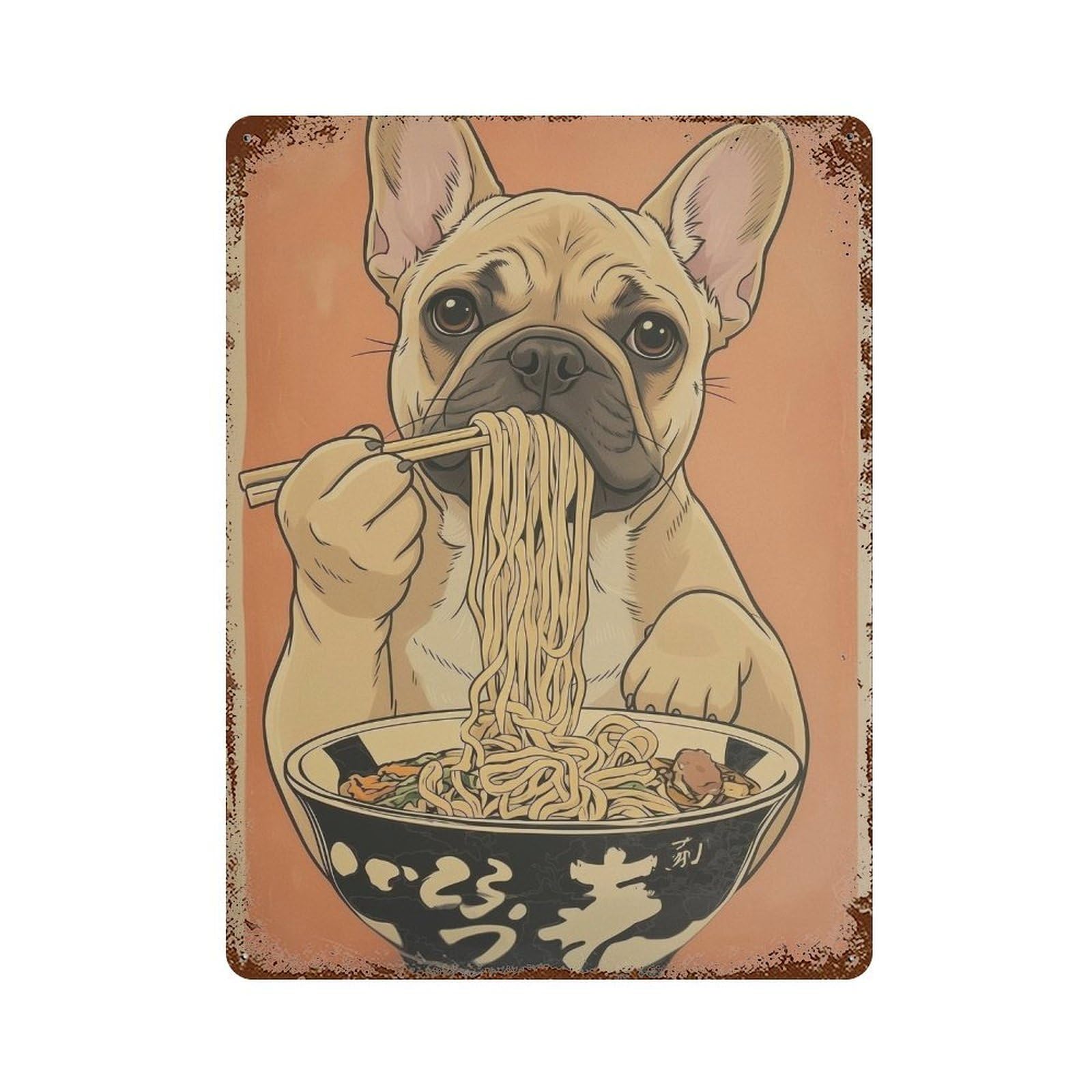 xiaoxiaoshen French Bulldog & Ramen Wall Art Wall Decor Art Metal Tin Poster Modern Home Decor Art Home Bar Shop Decorations Vintage Sign 40x30cm