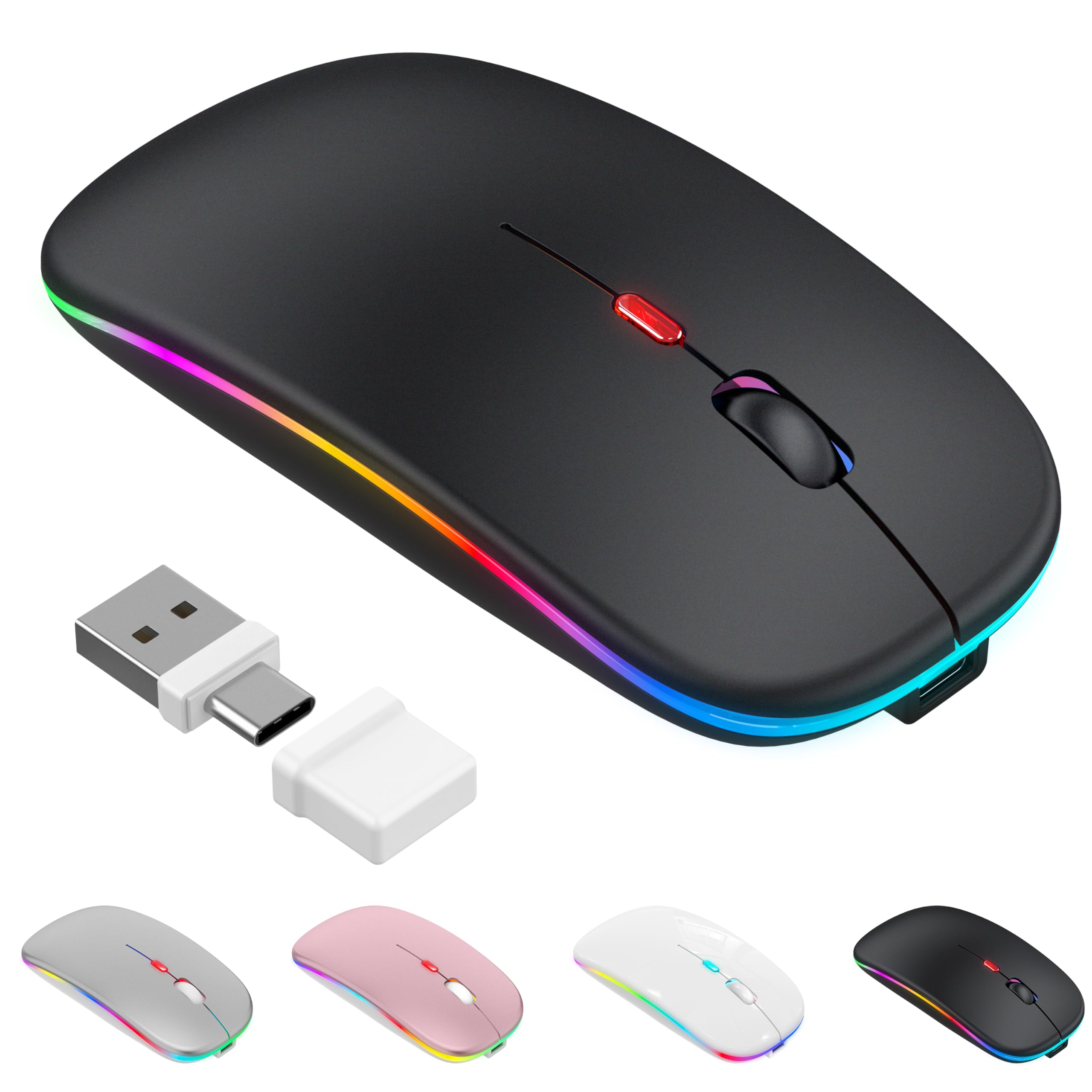 Mouse wireless con modalità jiggler – Bluetooth 5.2 & 2.4G radio per computer portatile, PC, iOS, Android, iPad e Windows, LED a 7 colori e 1600 DPI ottico (Modalità Jiggler, Nero)