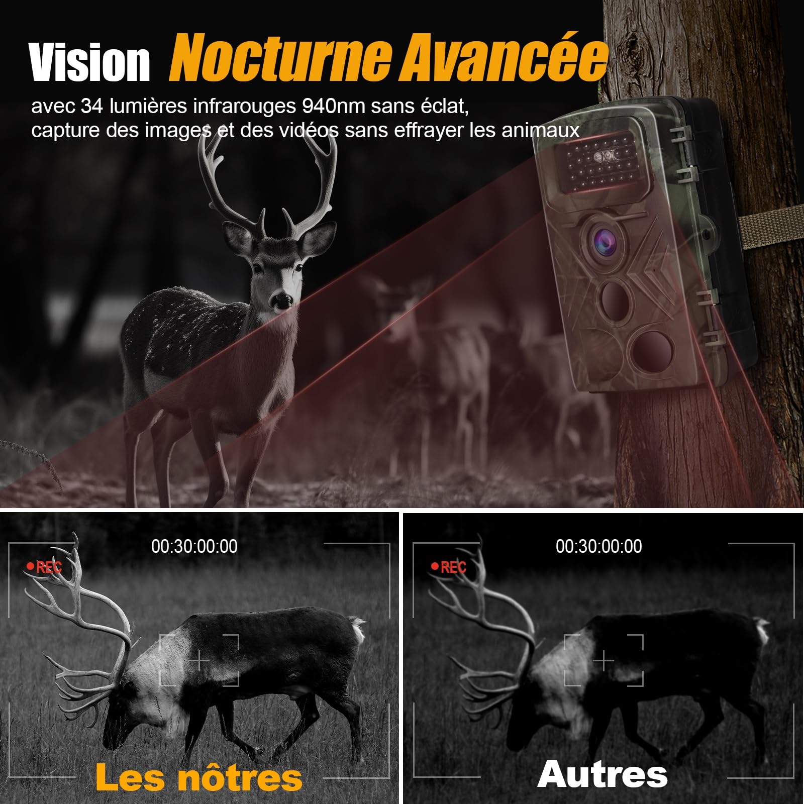 Caméra de Chasse 2.7K, 58MP Camera Chasse Infrarouge avec 32GB Carte, Piege Photographique 120 ° Angle Vision Nocturne Animaux, Caméra de Surveillance Camera Suiveuse Exterieur Traque IR Caméra