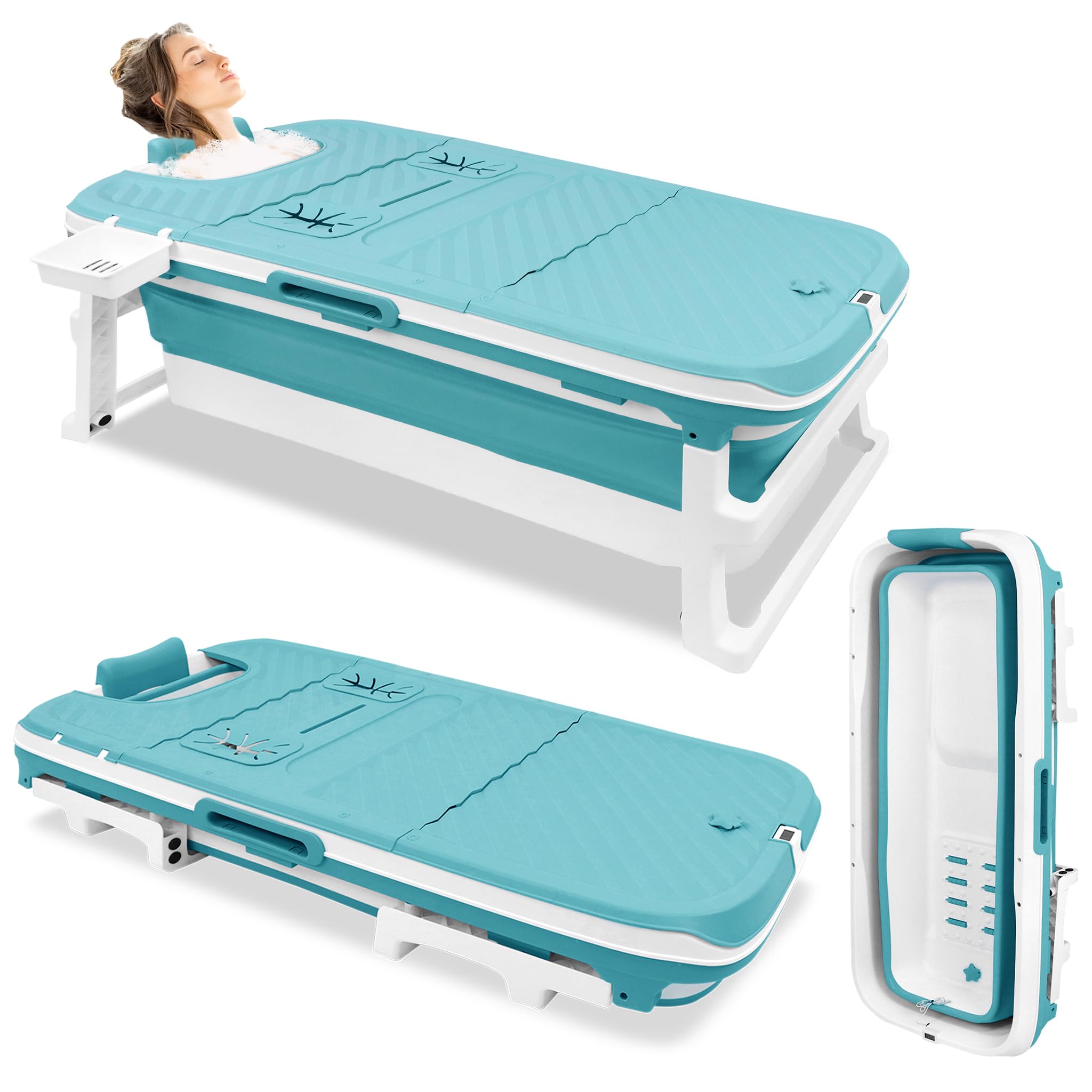 ACXIN - Vasca da bagno pieghevole, vasca da bagno mobile per adulti, con copertura rimovibile, cestino per il sapone e rotoli per massaggio, adatta per bagni piccoli, 132 x 61 x 54cm, blu