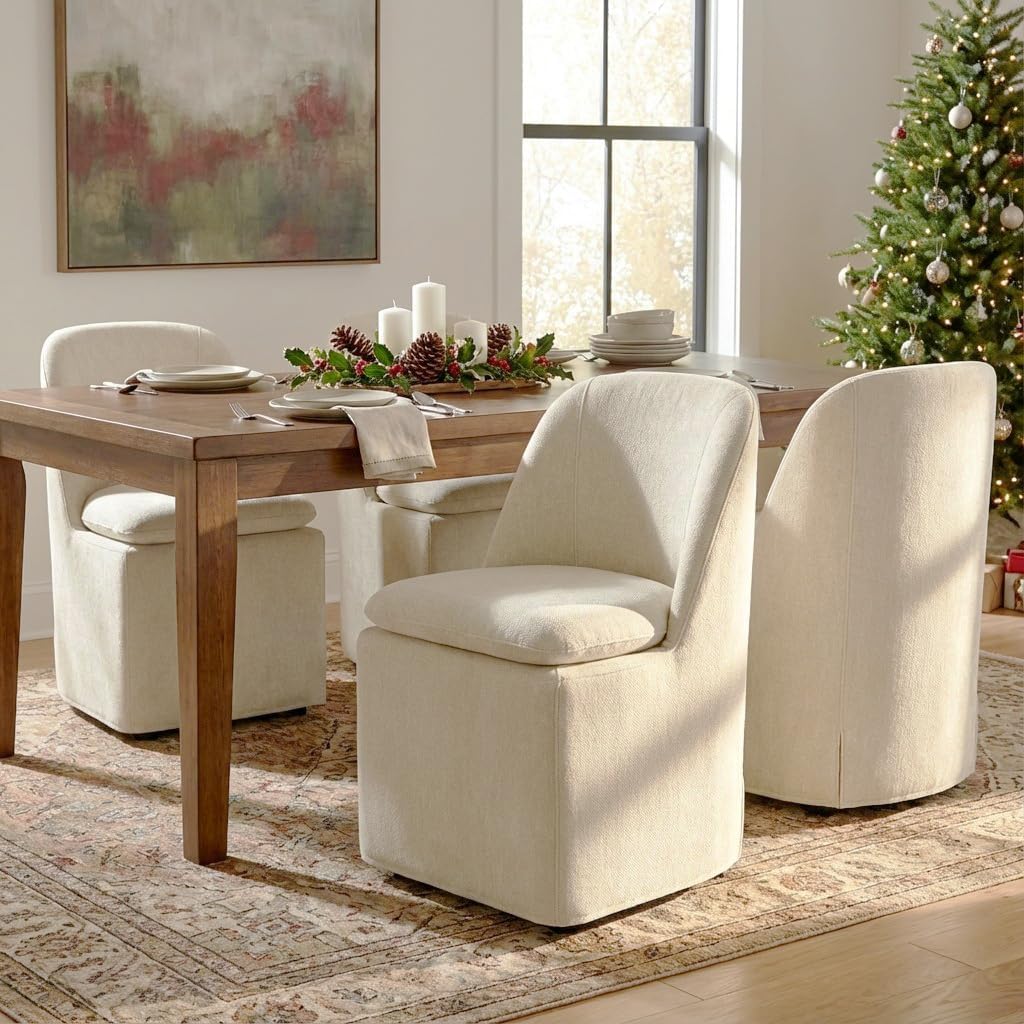KISLOT Upholstered Dining Chairs with Casters, Washable Cover Modern Dining Room Chairs with Thick Cushion & Sturdy Metal Frame for Kitchen, Living Room, Dressing Room, Sand Fabric, Set of 4