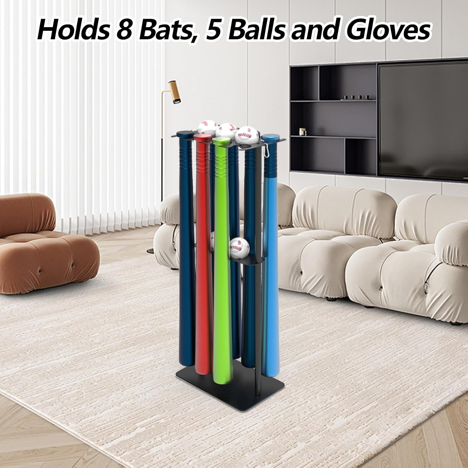 Baseball Bat Holder Stand, Baseball Bat Rack, Metal Baseball Holder, Holds 8 Bats, 5 Balls & Gloves, for Bedroom, Garage, Team Locker Rooms, Baseball Stadiums