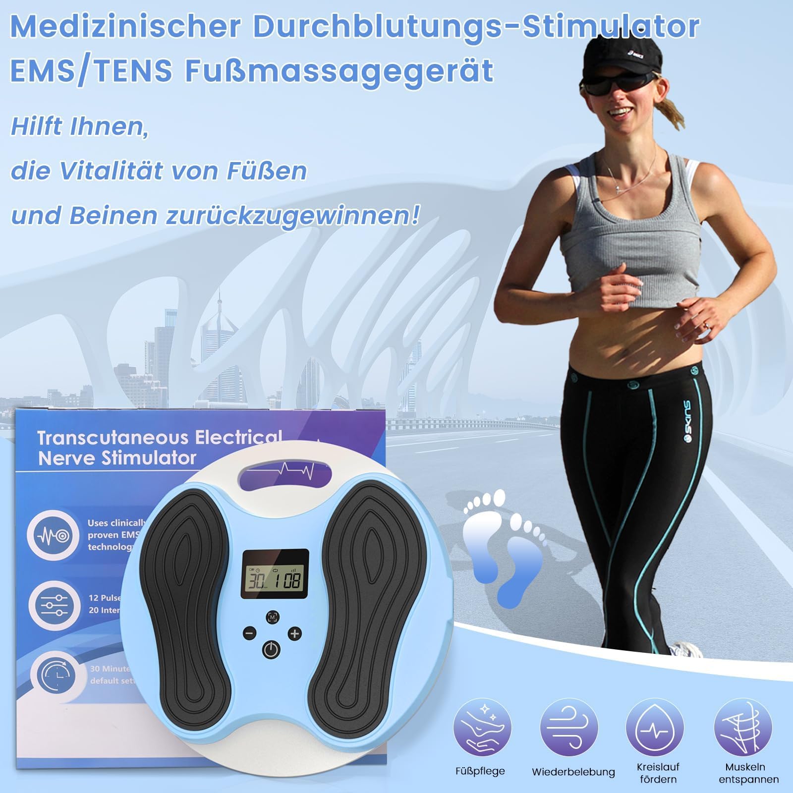 Medic Durchblutungsstimulator Beine, EMS Fußmassagegerät mit 4 TENS Elektrodenpads, Durchblutungsstimulator für Füße und Beine – fördert Durchblutung, lindert Fußschmerzen & entspannt Muskeln