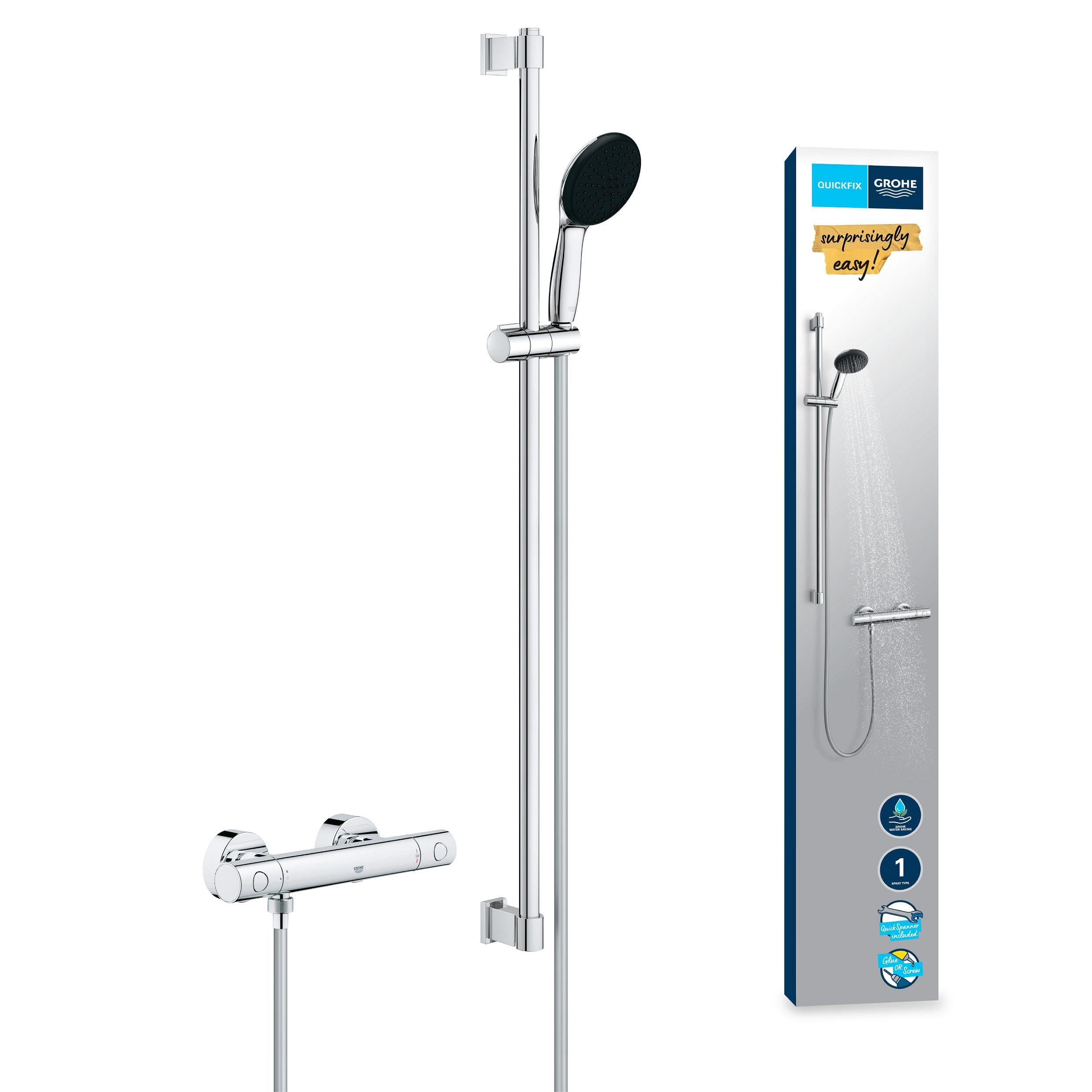Grohe Chrome 34857000 Shower Set, - Precision Get Exposed Thermostatic Shower Trim Kit With Rain Spray, 1.75M Hose, 90Cm Rail, Safety Functions, Water Saving