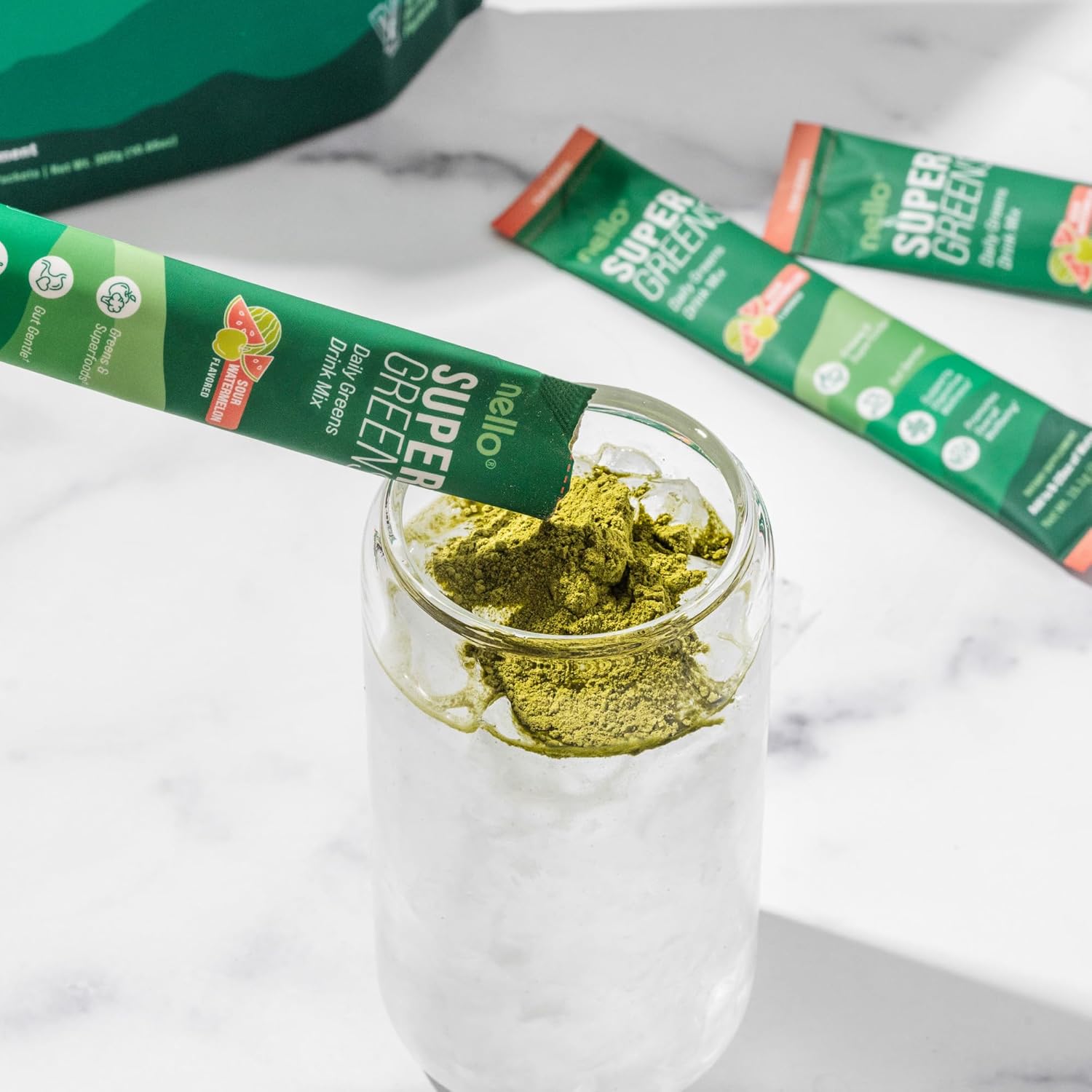 Nello Supergreens Premium Superfood Greens Drink Mix w/Chlorella, Moringa, Spinach & Broccoli + Digestive Enzymes & Probiotic Blend -Nutrient-Packed Powder (Sour Watermelon 20 SRV, Travel Pack)