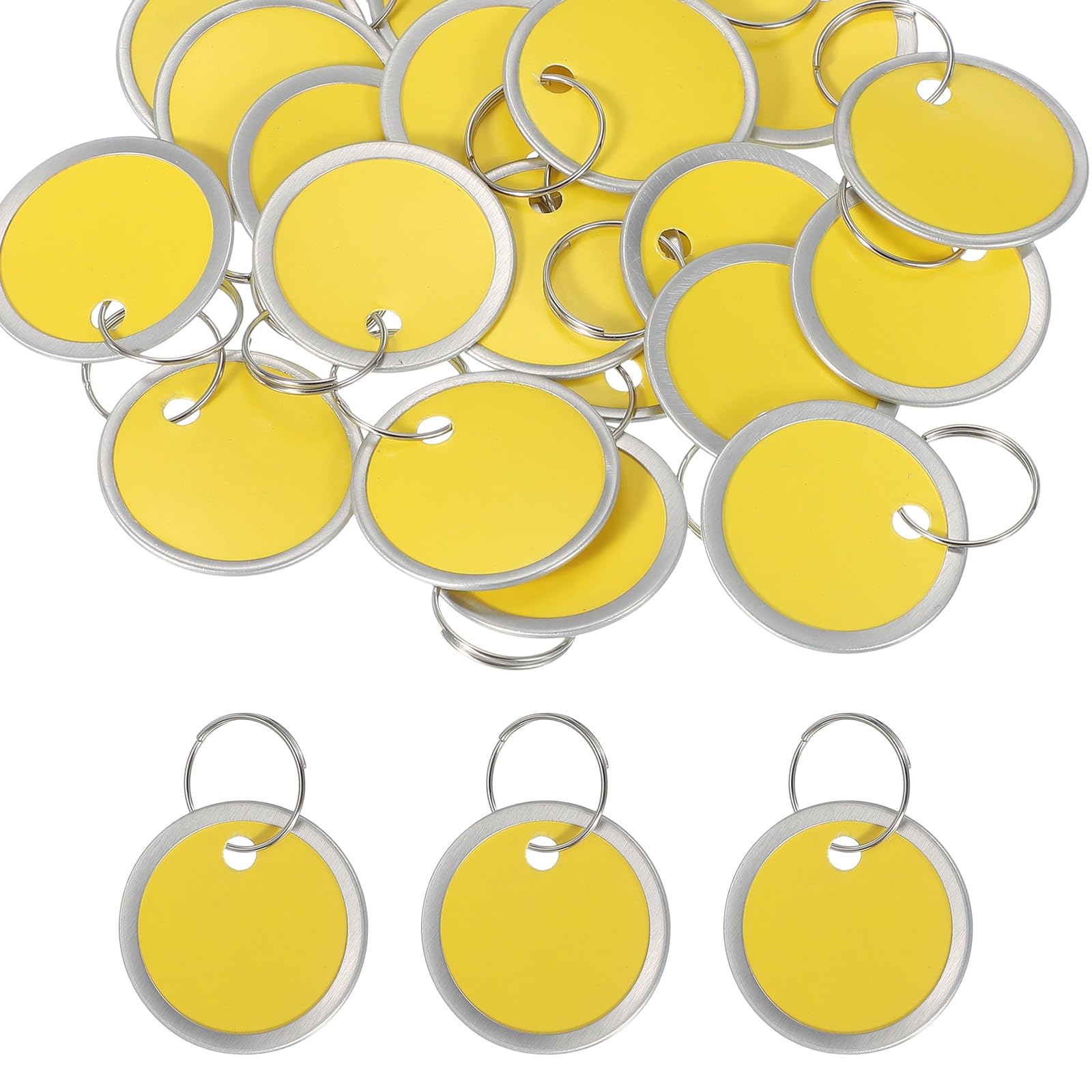 PATIKIL 3cm Metal Rim Key Tags 25 Pack Blank Round Paper Tags Bulk Writable Keychain Identifiers with Split Rings for Car Door Drawer Key Luggage Pet, Yellow