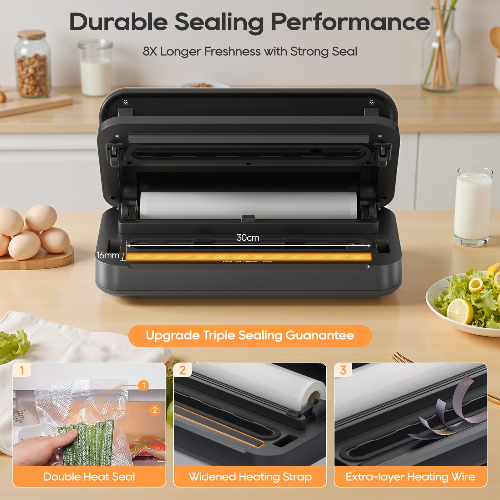 Máquina selladora al vacío líquida, sellador al vacío de 90 Kpa para alimentos líquidos/secos/húmedos, doble sellado térmico, mango de fácil bloqueo, cortador integrado y almacenamiento de bolsas y
