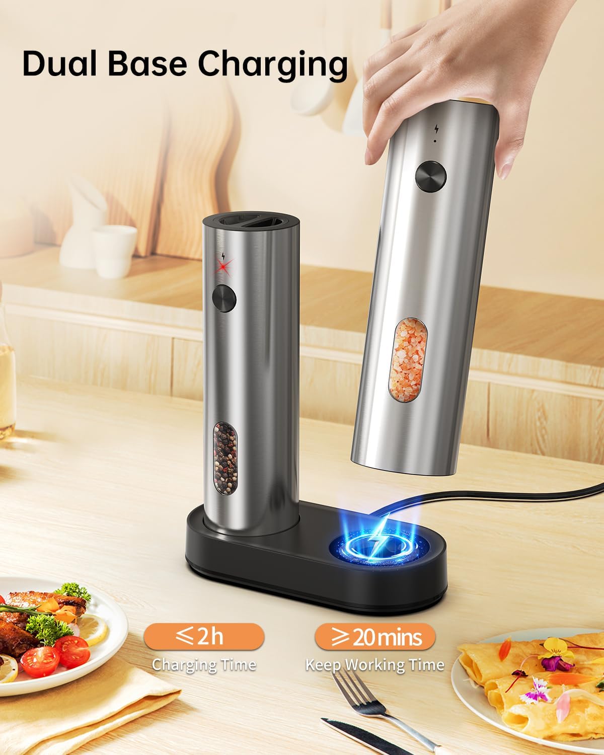 CIRCLE JOY grinders on their dual charging base, showing charging time and working time
