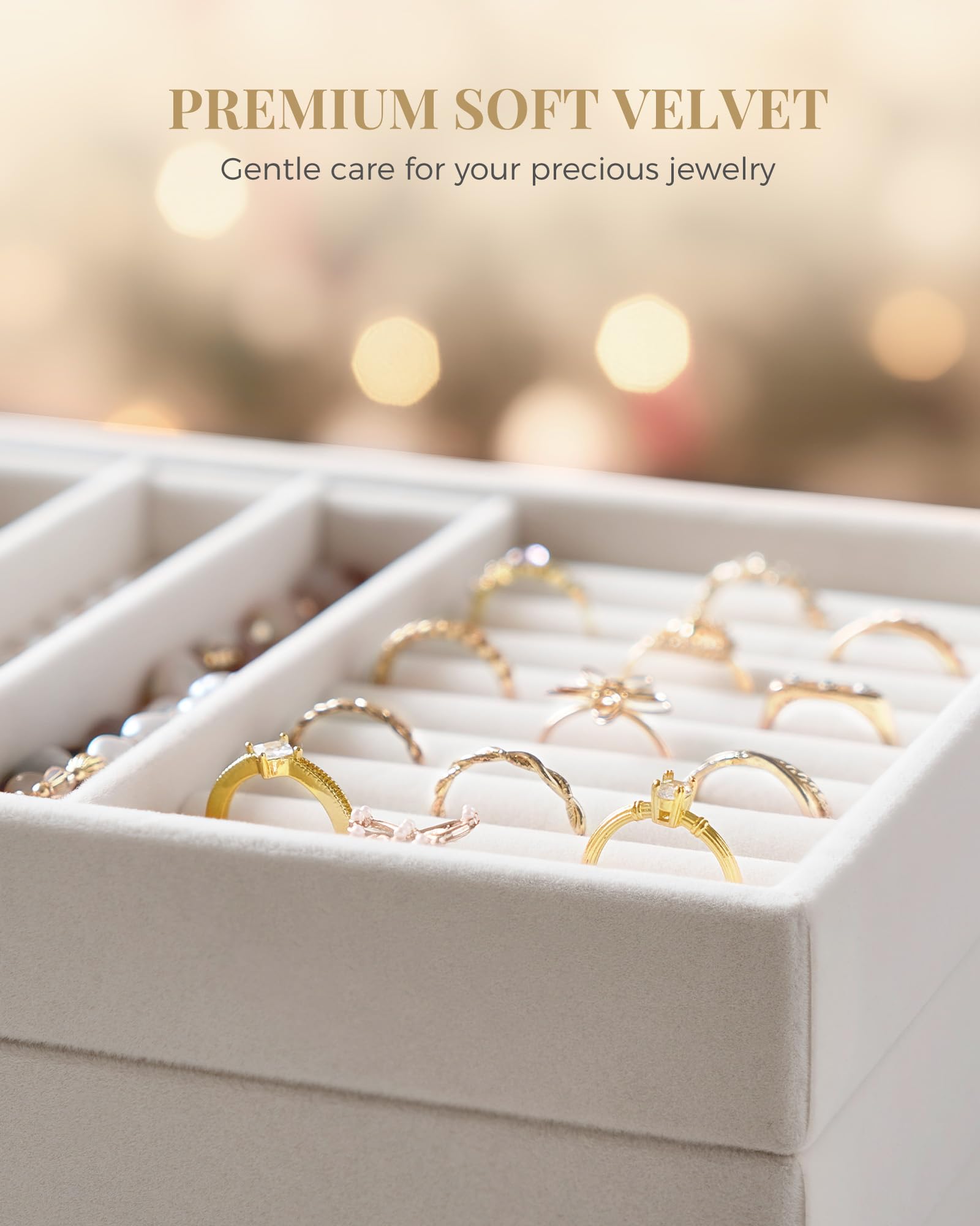 Lolalet Insertos para Cajón de Joyas, Bandejas Apilables de Terciopelo, Juego de Organizadores y Expositores para Collares, Pulseras, Aretes, Anillos, Cadenas, Brazaletes, Relojes - Beige, Juego de 2 — view 7