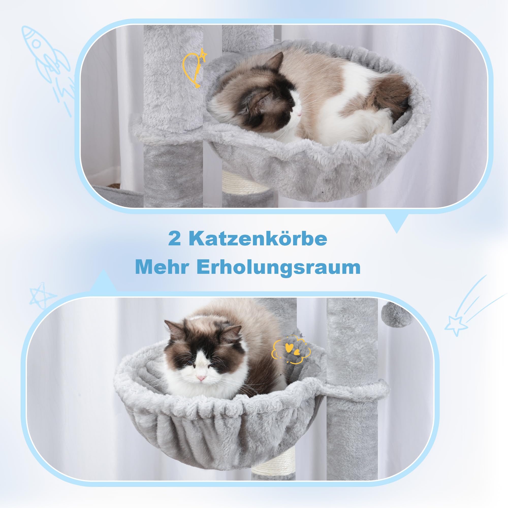 Hey-brother Kratzbaum für große Katzen, mit 2 Grosse Plattformen, MPJ070W | 130 cm Katzenbaum für Maine-Coons, symmetrische Struktur, Stabil, 2 korb, große Katzenhöhle, Kämmmaschine, Hellgrau