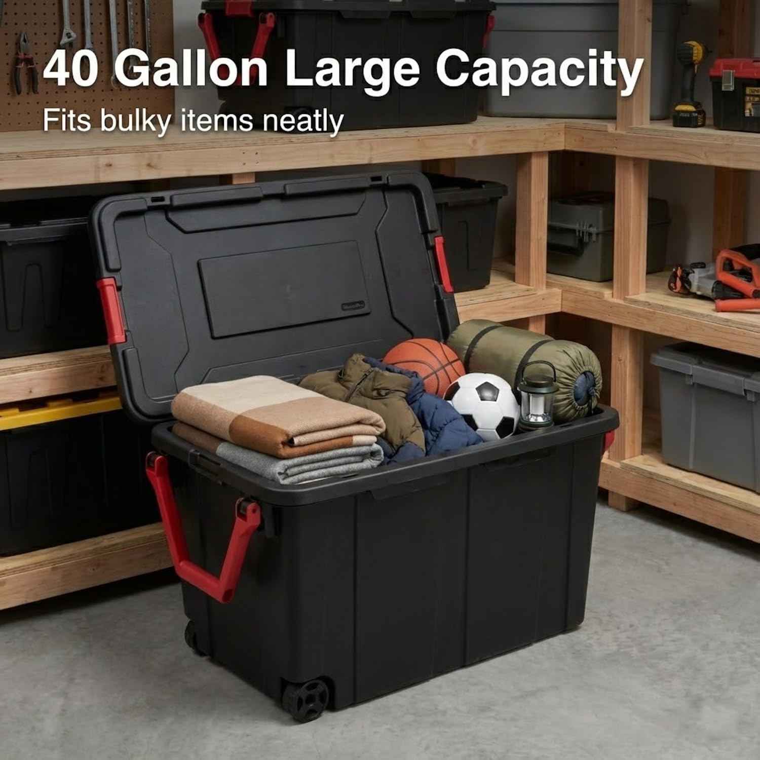 40 Gallon Wheeled Storage Tote with Lid – Heavy Duty Rolling Storage Bin with Ergonomic Handle & Secure Latches – Large Plastic Stackable Container for Garage Basement Workshop (Black)