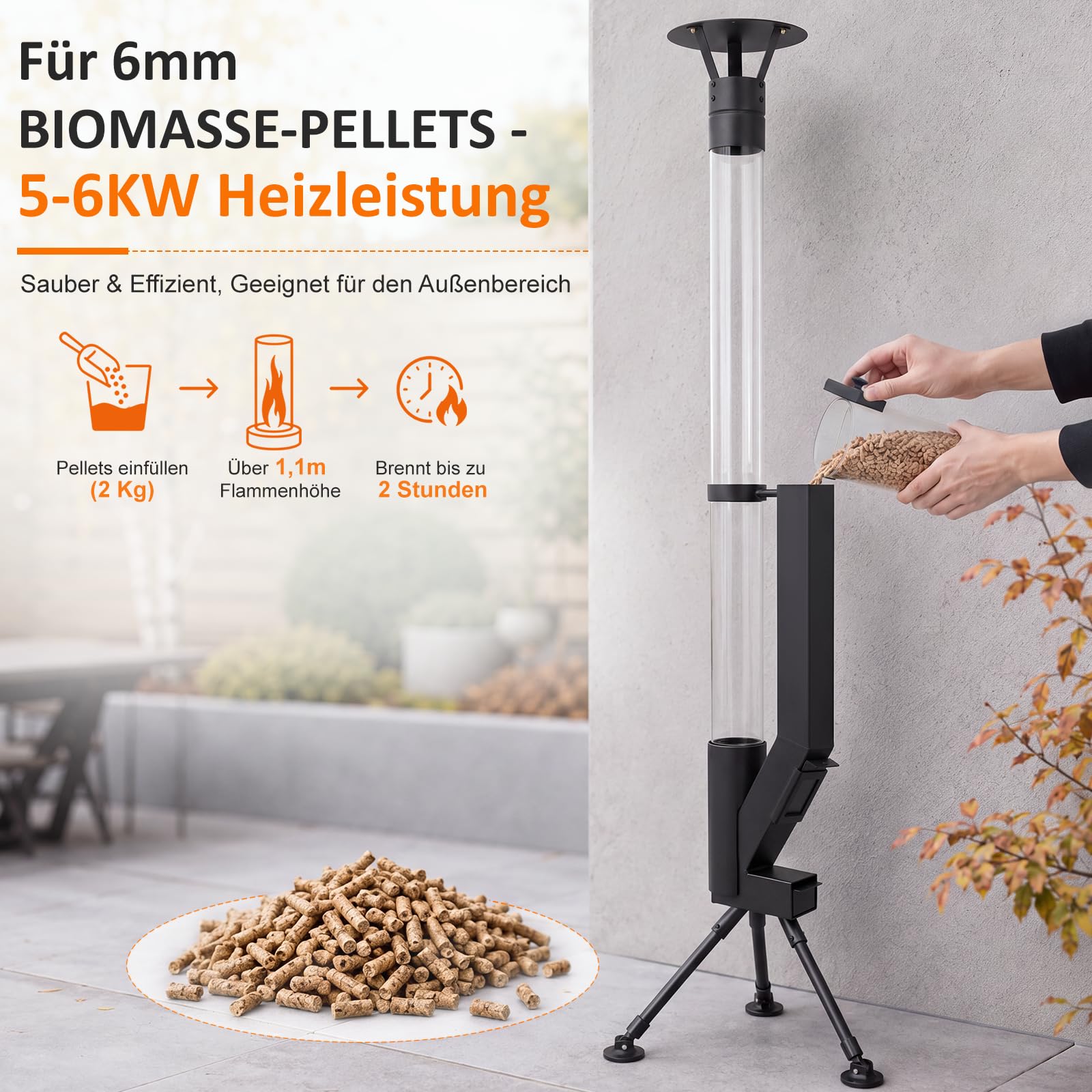 Chauffage de terrasse à granulés avec tube en verre 167 cm