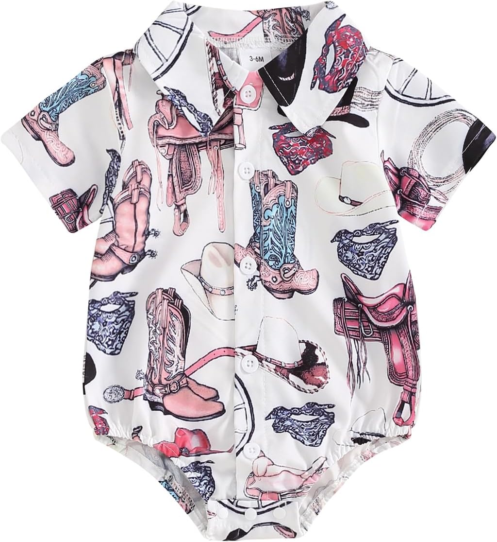 Kayotuas Western Baby Boy Clothes Cowboy Shirt Romper Long/Short Sleeve Button Down Dress Bodysuit Infant Gentleman Outfits
