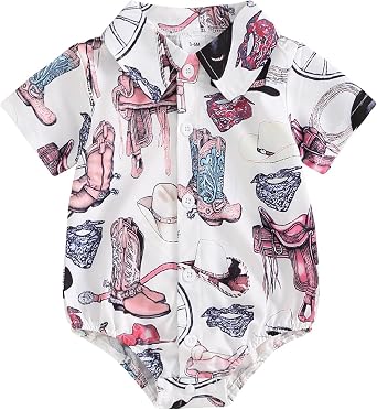 Kayotuas Western Baby Boy Clothes Cowboy Shirt Romper Long/Short Sleeve Button Down Dress Bodysuit Infant Gentleman Outfits