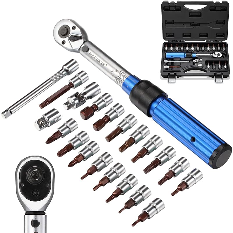 Chave de Torque BULLTOOLS com Catraca de 1/4 pol., Ajustável, Duplo Sentido, 90 Dentes, 2,26–22,6 N·m, com Soquetes e Estojo