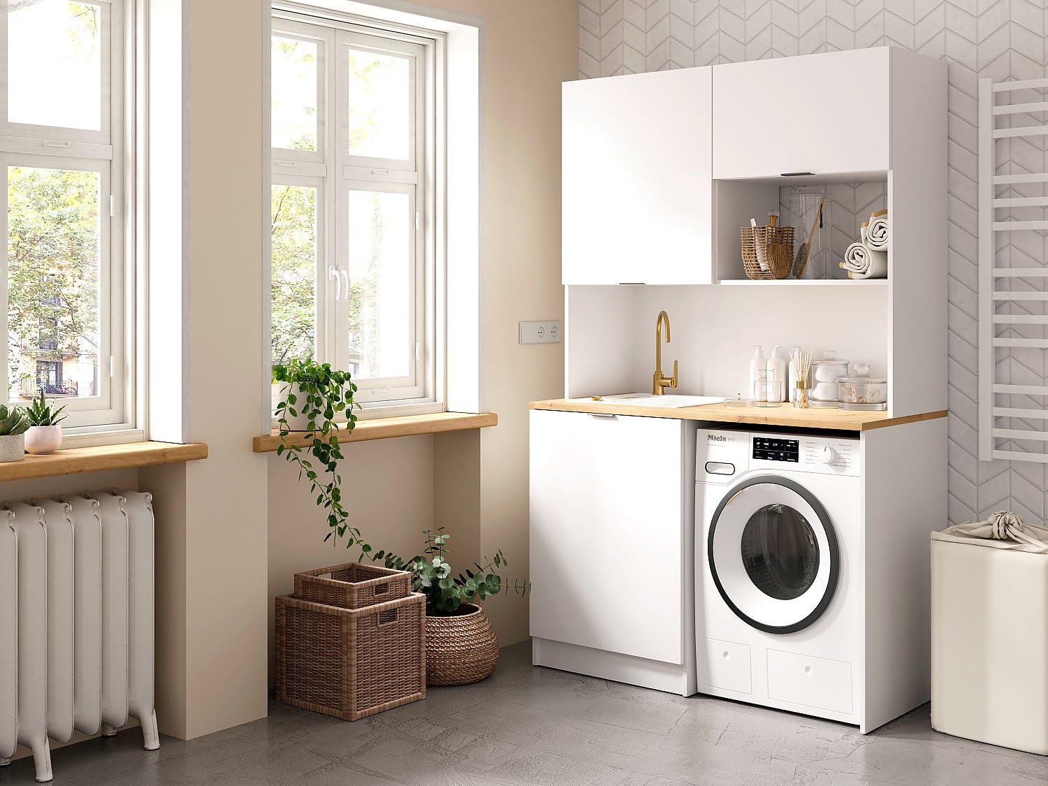 Vente-unique-Cucina multifunzionale e lavanderia Con piano di lavoro 120 cm Bianco e le - CARMEO