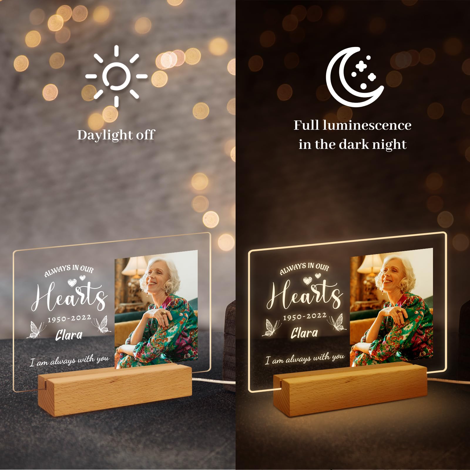 BeneCharm Personalized Memorial Gifts Sympathy Mother Gifts Custom Sympathy Gifts Light Up Custom Picture Lamp with Photo and Text Memorial Light for Loss of Loved One