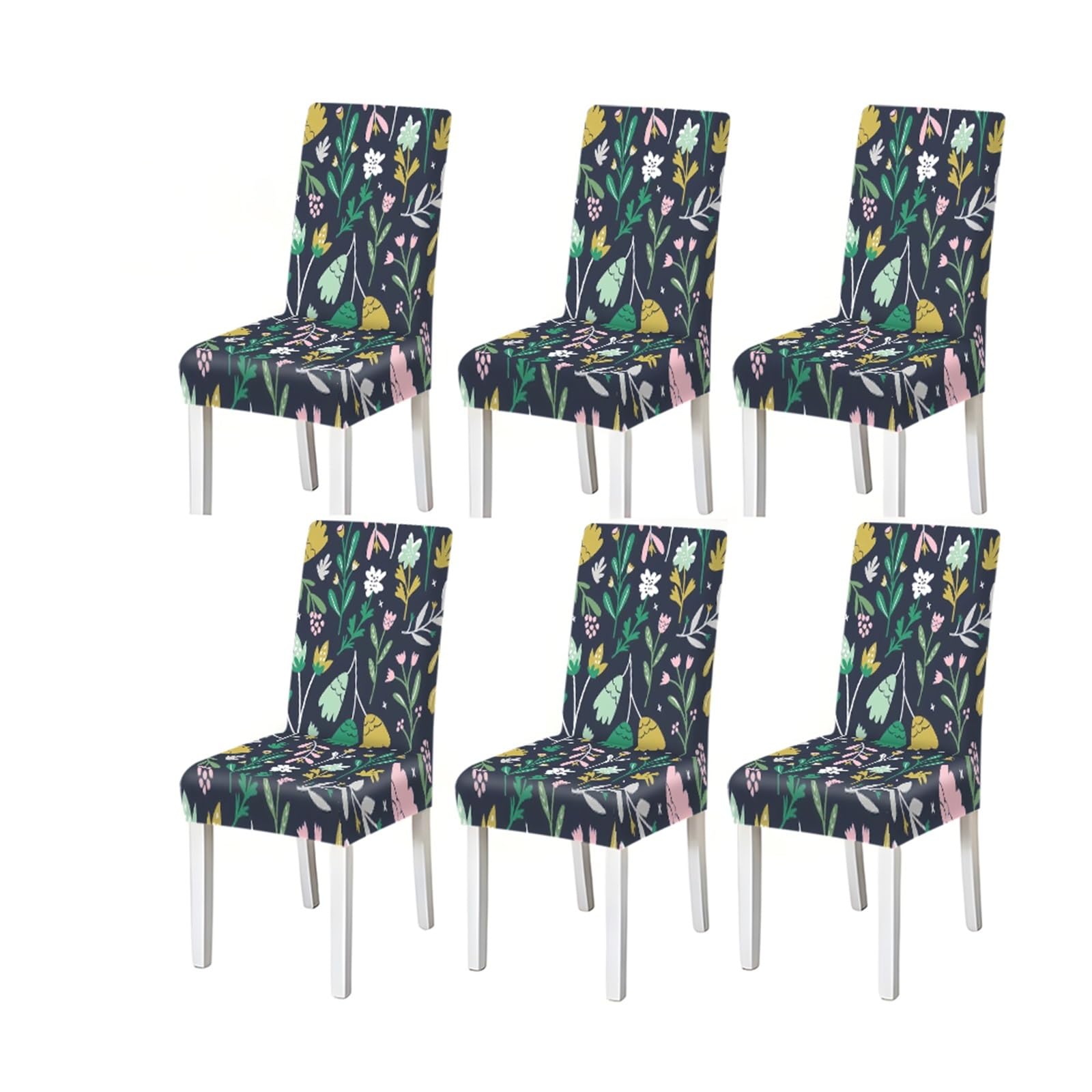 FZJKGH Scandinavian Floral Dining Chair Covers Set Of 2/4/6, Stretch Washable High Back Chair Covers, Navy Botanical Print Removable Stretch Slipcovers for Dining Chairs(6PCSChair cover)
