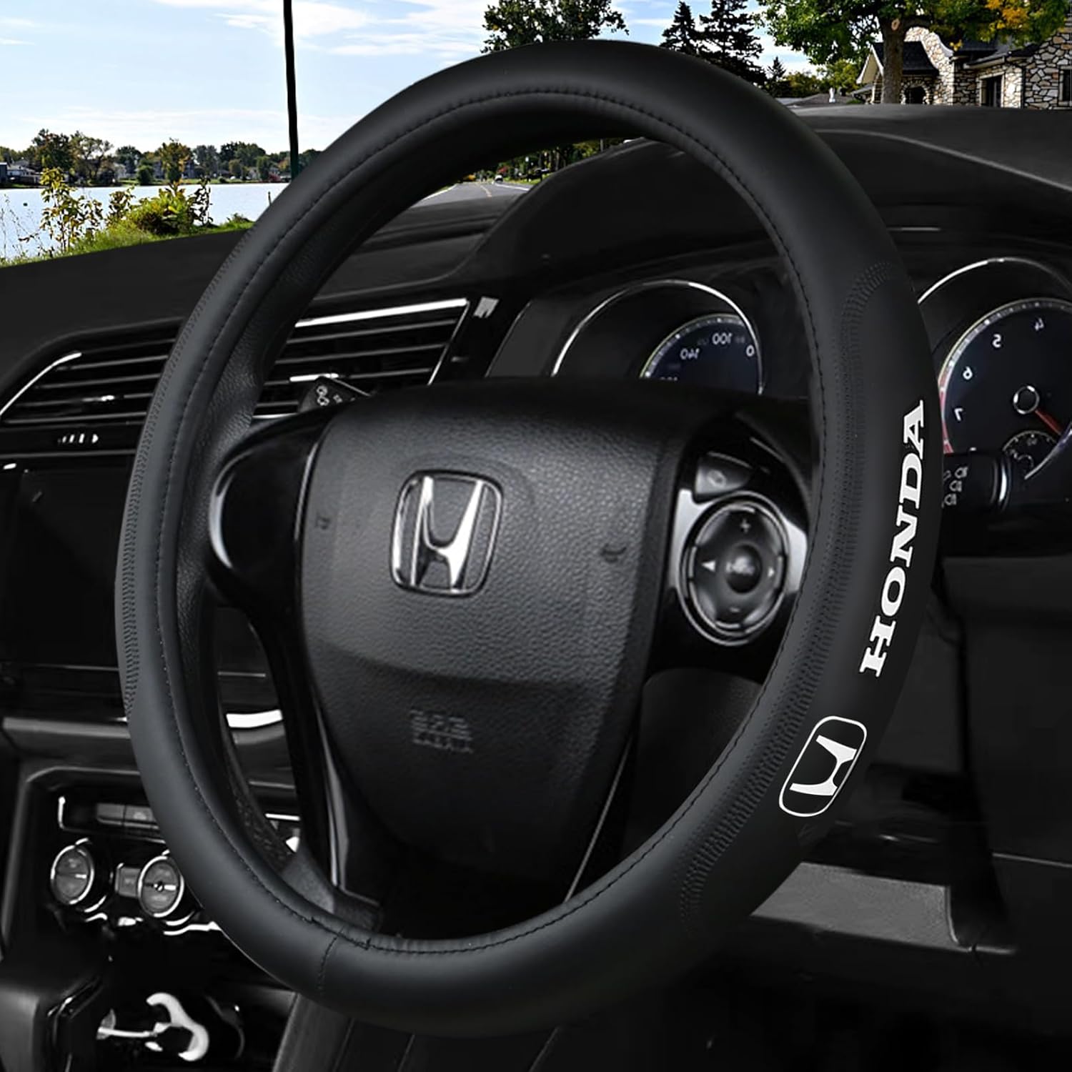 Custom Fit Steering Wheel Cover for Honda Non-Slip Nappa Leather with Free 2 Car Coasters and USB- Fast Charging Cable