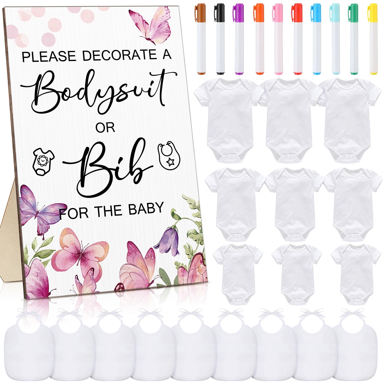 Roowest 35 Pcs Baby Shower Bibs Games Design Wooden Baby Shower Party Game Sign DIY Bodysuit Sign 15 White Blank Bibs 9 Bodysuit 10 Markers for Party