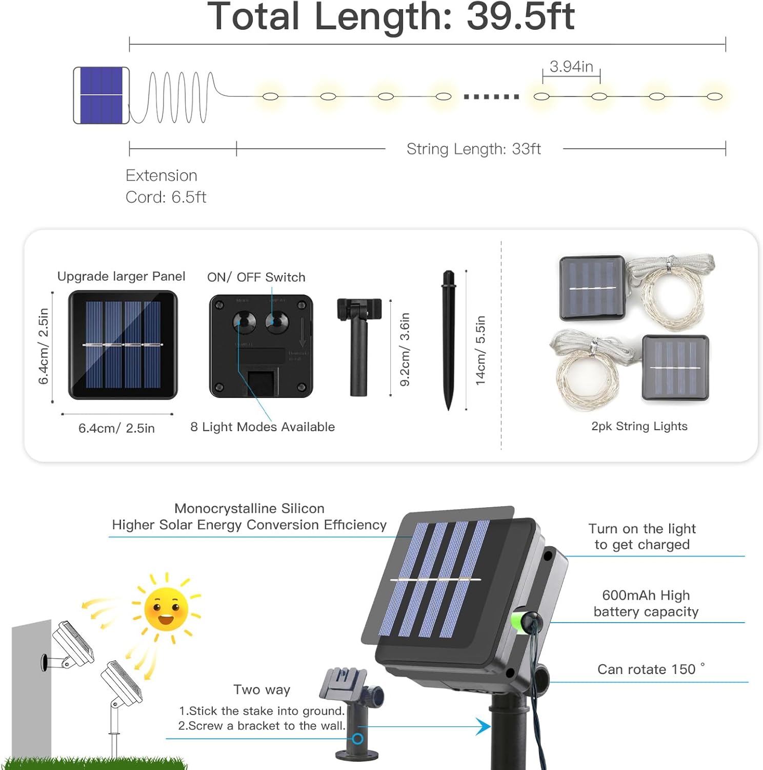 suddus 2Pack 150LED Solar Firework Lights Multicolor and 2Pack 33ft 100LED Solar Fairy Lights White