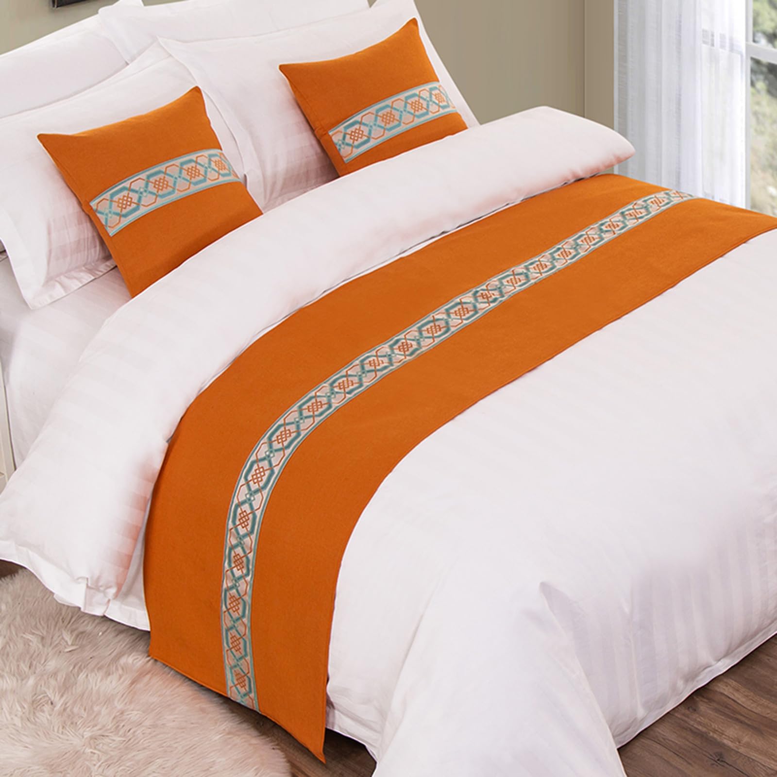 QRGMKL Graphic Print Bed Runners King Size, Luxury Bed Scarf Double Bedspread for Bedroom Hotel Home Decoration-Orange||2 Pillowcases(45X45cm)