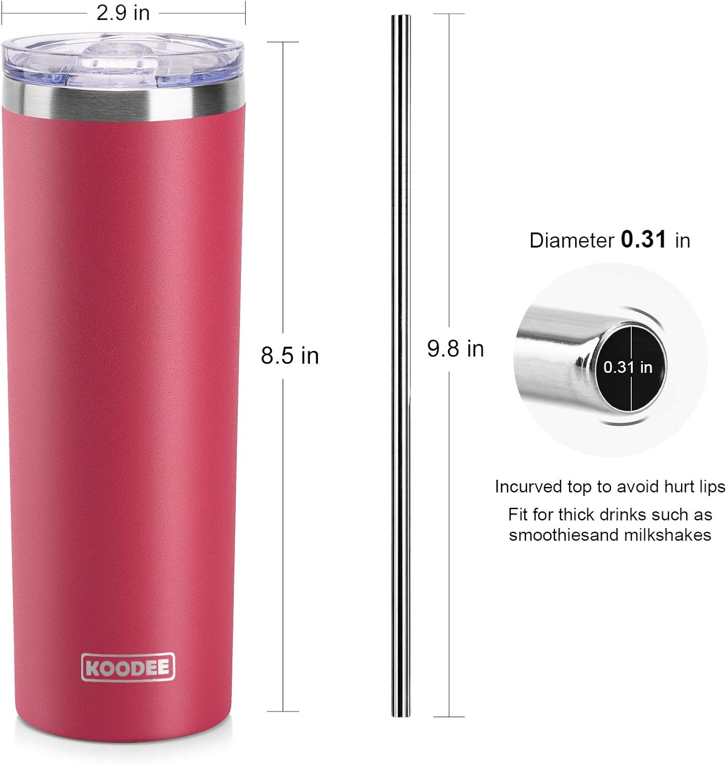 koodee 20 oz Skinny Tumbler (2 Pack) Stainless Steel Double Wall Insulated Water Tumbler Cup with Lid and Straw, Slim Travel for Women Diy Birthday Gift (Wine Red-Sky blue) - Image 6