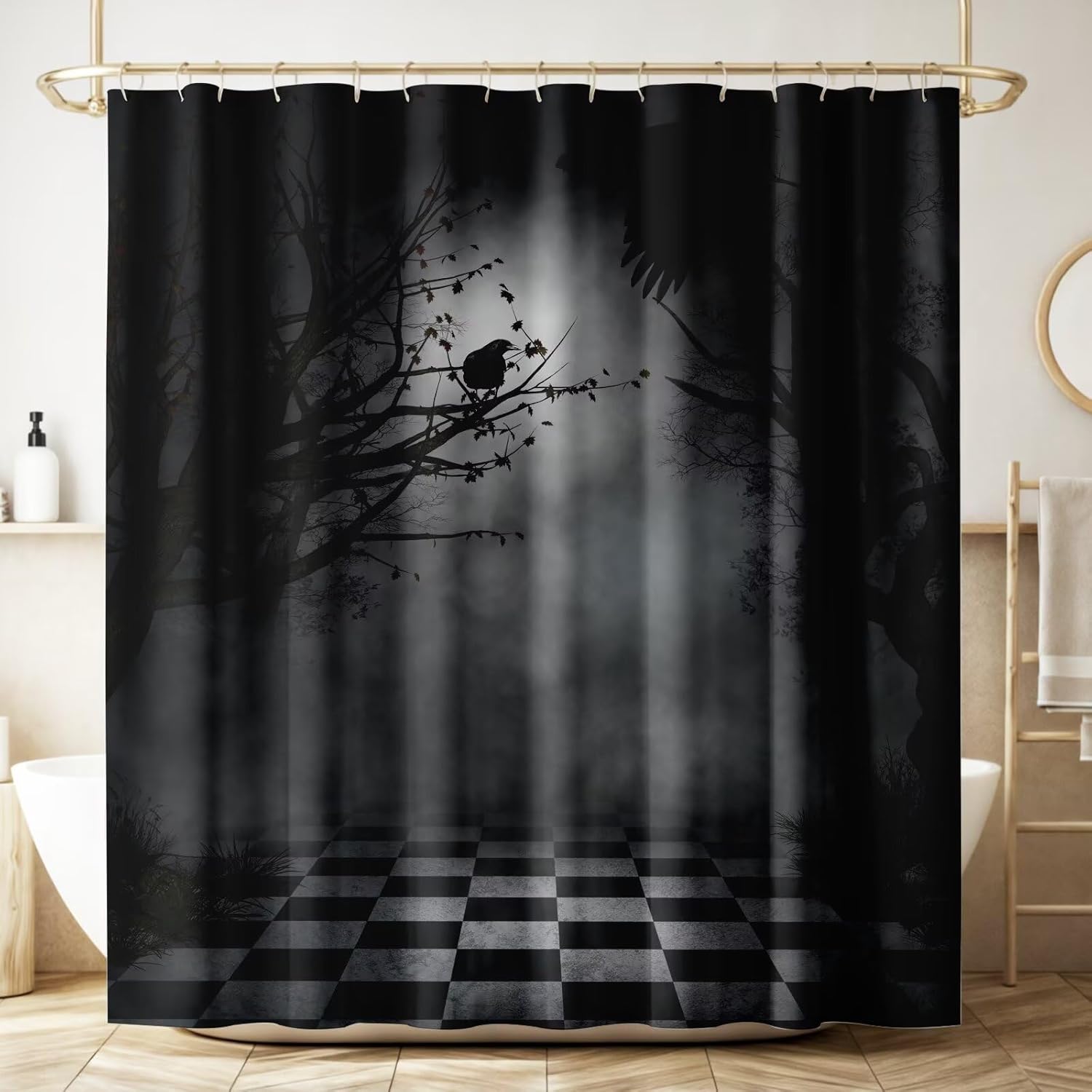 Gothic Fog Forest Shower Curtain Halloween Black Crow Withered Branches Creepy Jungle Dark Waterproof Fabric Bathroom Curtains Home Privacy Bath Decor with Hooks 66x72Inch（168x183cm）