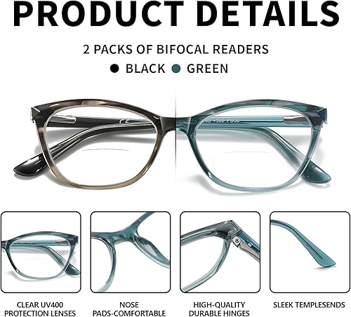 Miniatura 5 de Kafirlo Gafas de lectura bifocales para mujer, ojo de gato, bloqueo de luz azul, lector de computadora, parte superior transparente, sin transición